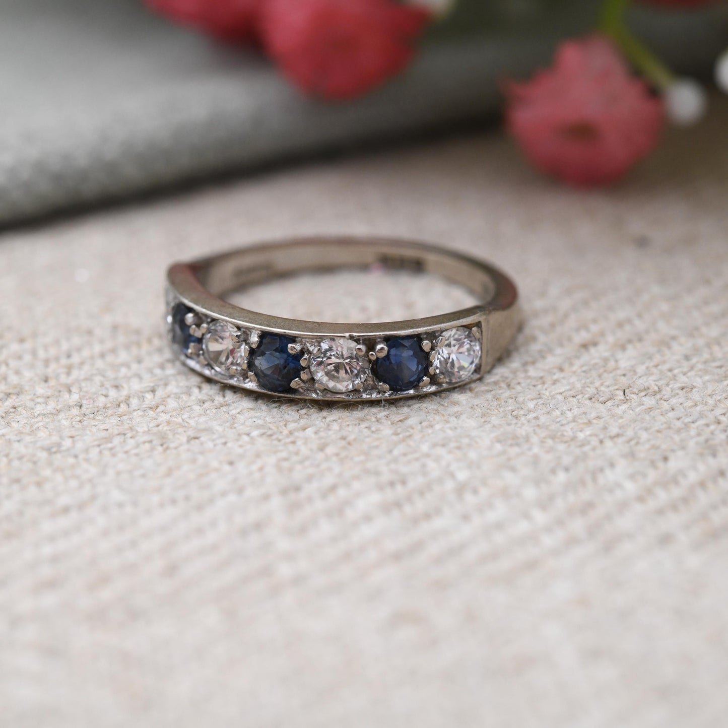 Vintage 18ct Gold Sapphire and Clear Stone Half Eternity Ring 1973 - Alternating Five Stone Engagement Ring | UK Size M 1/2 | US Size 6 1/2