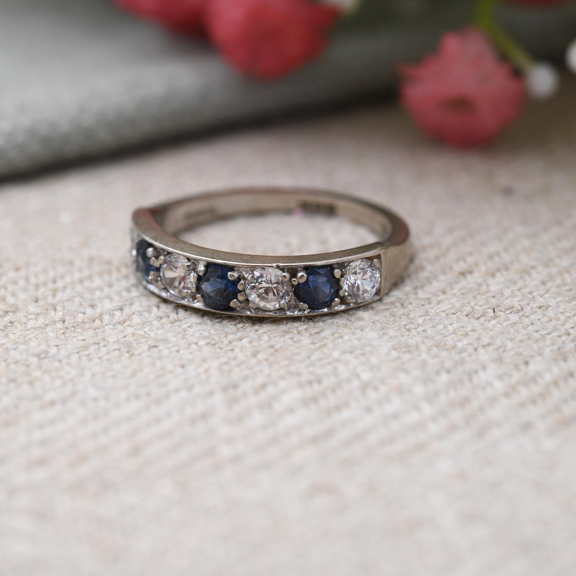 Vintage 18ct Gold Sapphire and Clear Stone Half Eternity Ring 1973 - Alternating Five Stone Engagement Ring | UK Size M 1/2 | US Size 6 1/2