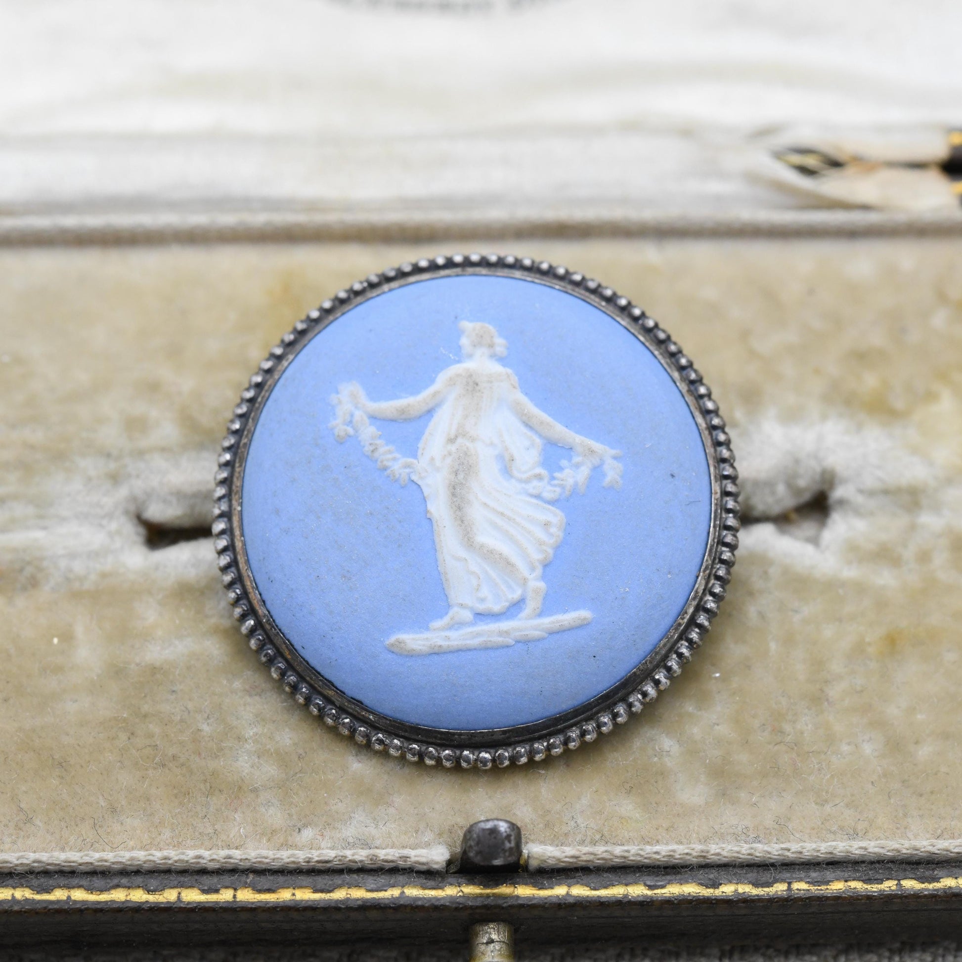 Vintage Wedgwood Sterling Silver Circular Classical Goddess Cameo Brooch 1960s - Pale Blue Jasperware | Gift for Her