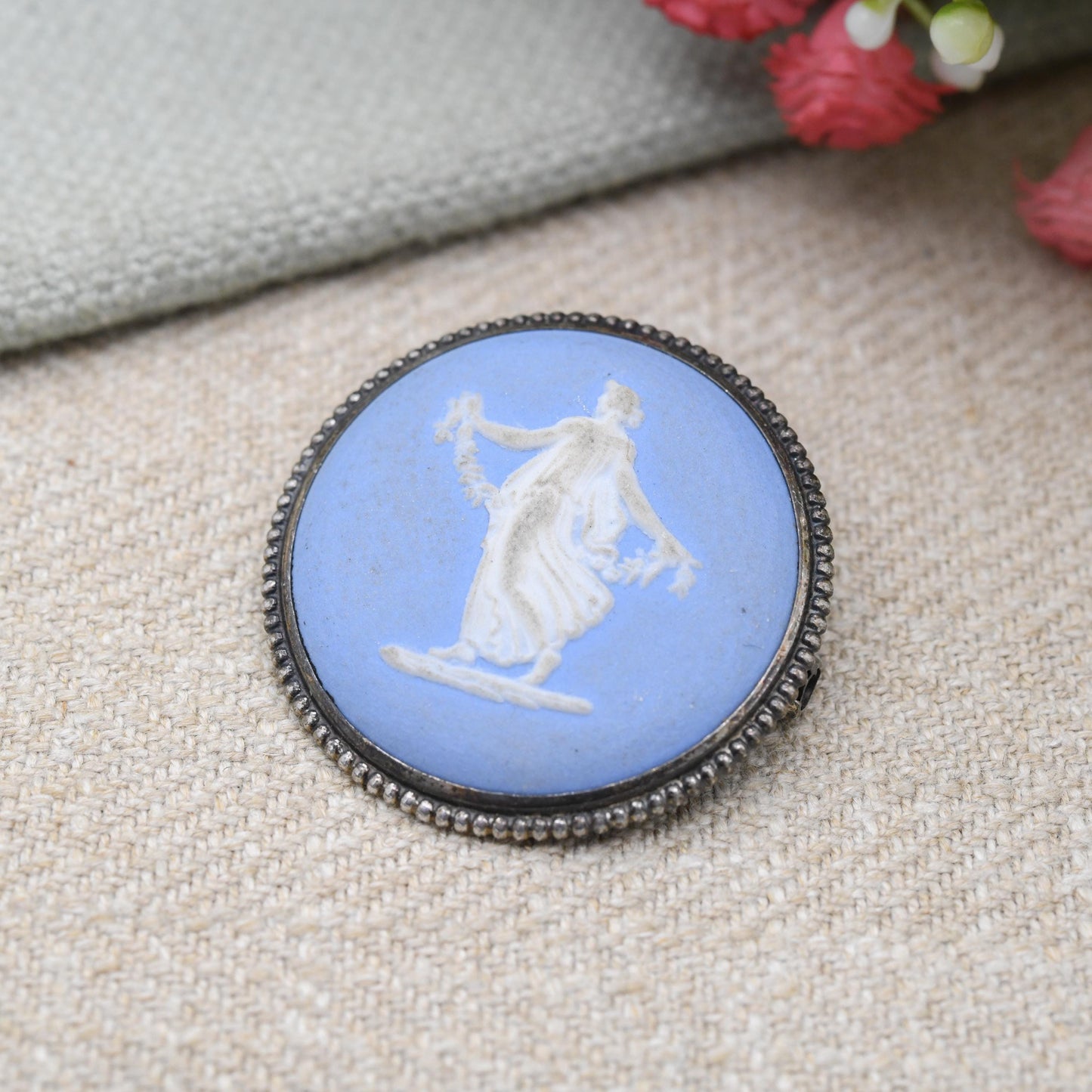 Vintage Wedgwood Sterling Silver Circular Classical Goddess Cameo Brooch 1960s - Pale Blue Jasperware | Gift for Her