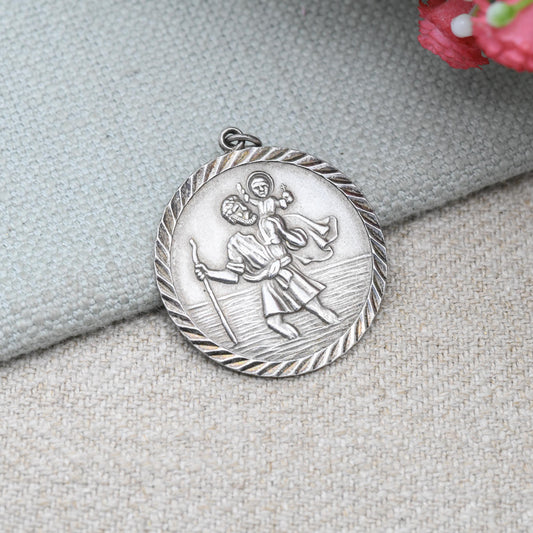 Vintage Sterling Silver St. Christopher Pendant - Large Circle Saint of Travelling | Christian Religious Jewellery | Detailed 3D Image