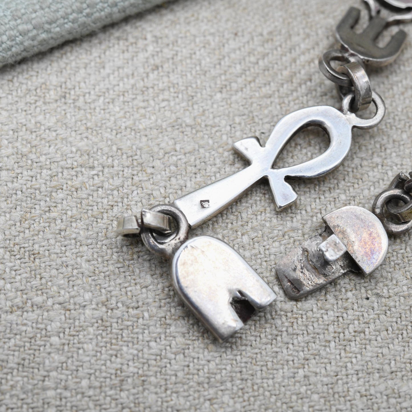 Vintage Egyptian 800 Silver Panel Bracelet - Souvenir Scarab Beetle and Ankh | Box Clasp and Safety Chain