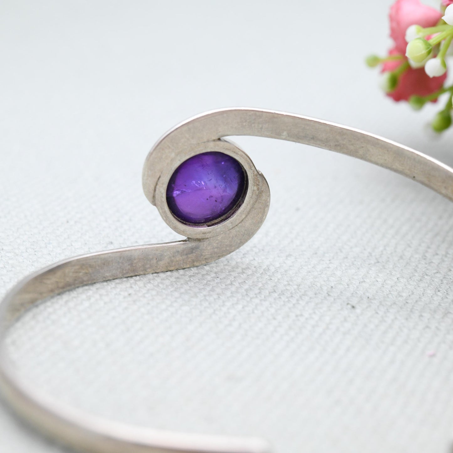 Vintage Sterling Silver Amethyst Open Bangle Bracelet - Twist Design | Gift for Her
