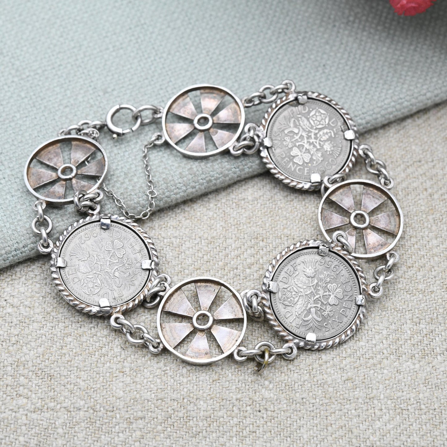 Vintage Sterling Silver Sixpence Coin and Textured Circular Disk Bracelet - Elizabeth II 1960s | Silver Coin Jewellery | Spring Ring Clasp