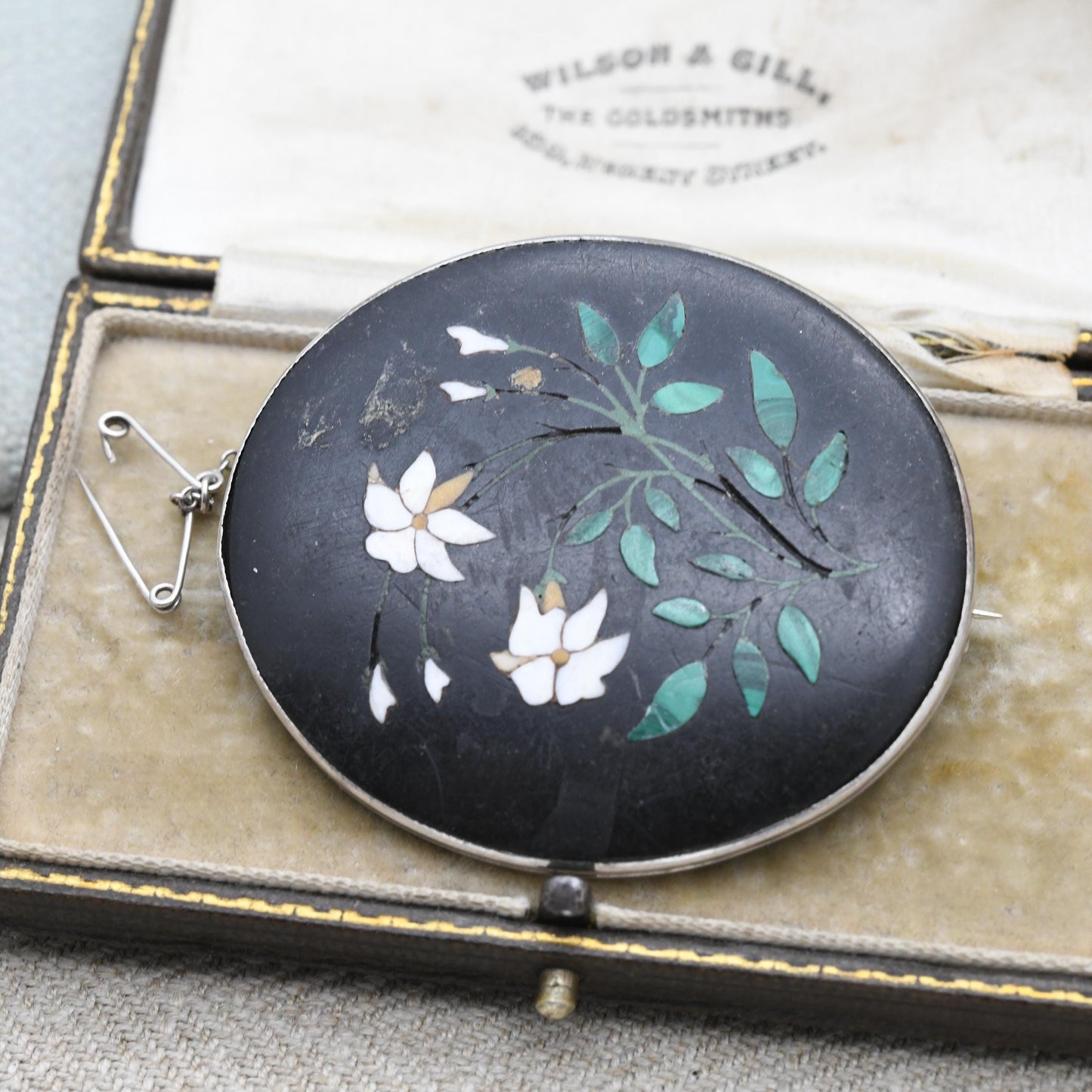Antique Victorian Pietra Dura Floral Brooch c. 1880s - Gemstone Inlay Including Malachite in Hardstone | Large Pendant Brooch Fob