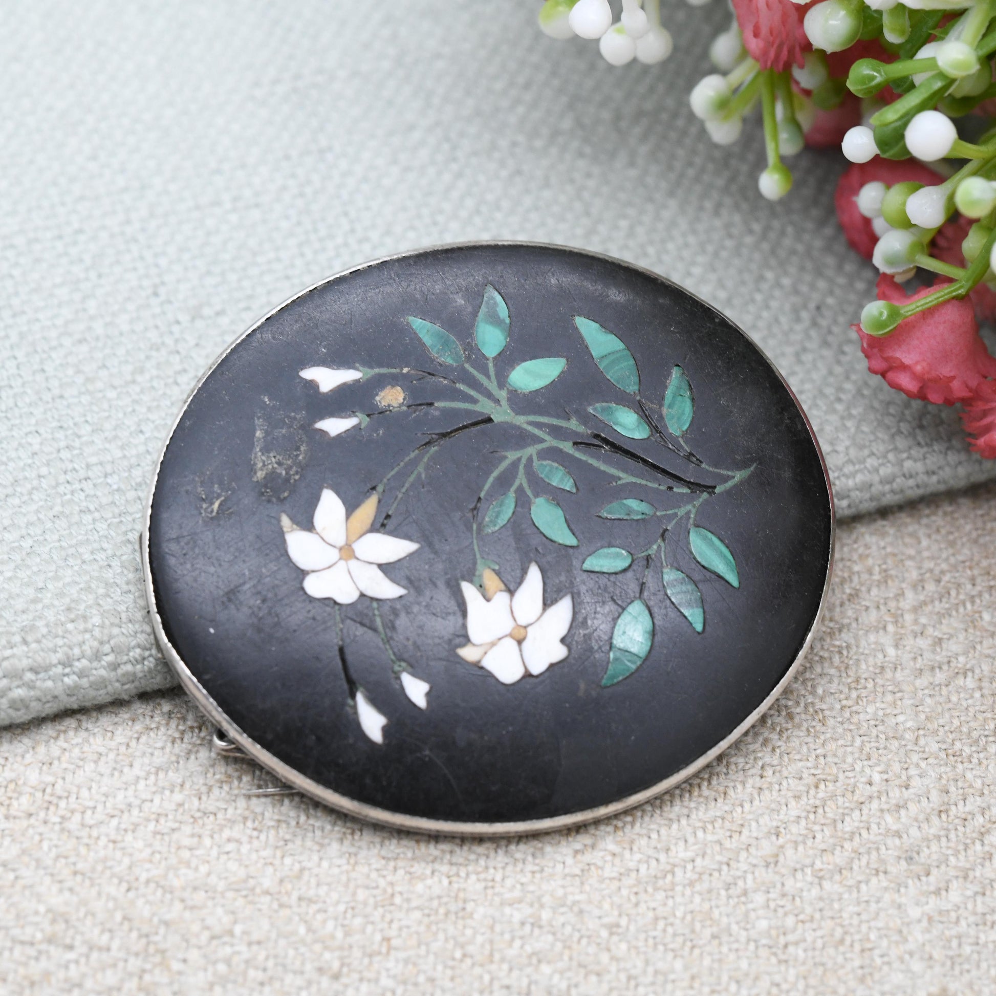 Antique Victorian Pietra Dura Floral Brooch c. 1880s - Gemstone Inlay Including Malachite in Hardstone | Large Pendant Brooch Fob