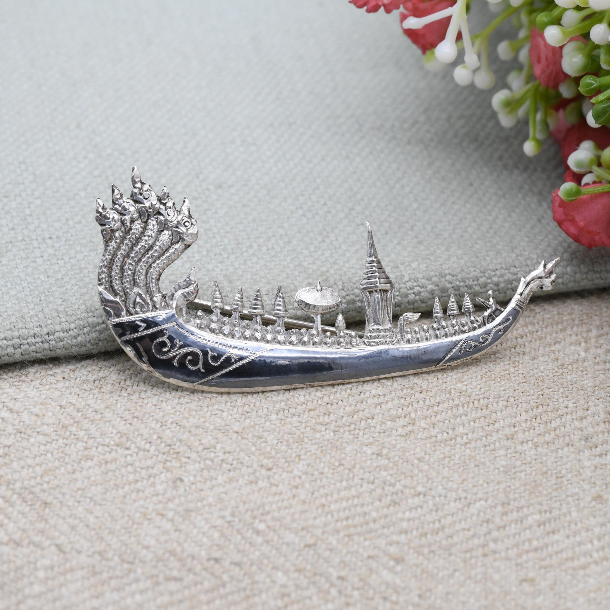 Vintage Sterling Silver Siam Longship Brooch Dragon Figurehead Boat - Traditional Black Niello | Vintage Thailand Silver Figural Brooch