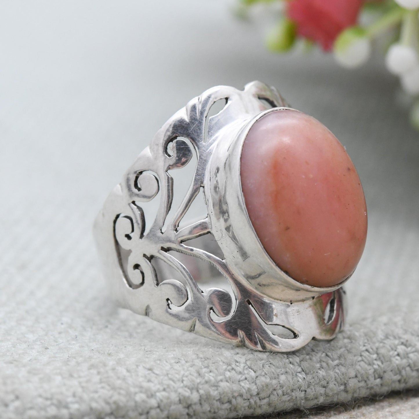 Vintage Sterling Silver Pink Cabochon Gemstone Ring - Chunky Scrolling Openwork | UK Size - T 1/2 | US Size - 9 3/4