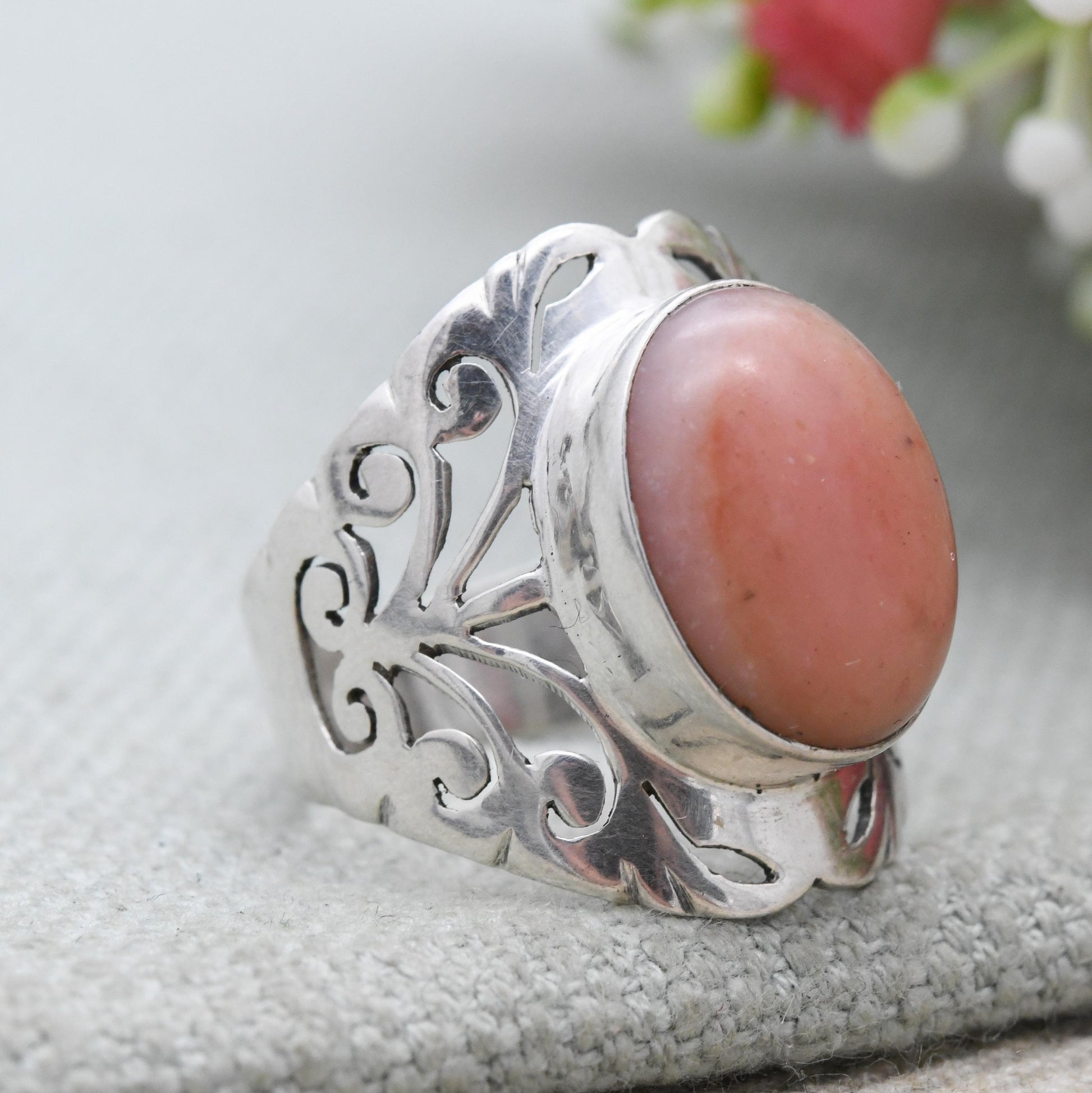 Vintage Sterling Silver Pink Cabochon Gemstone Ring - Chunky Scrolling Openwork | UK Size - T 1/2 | US Size - 9 3/4