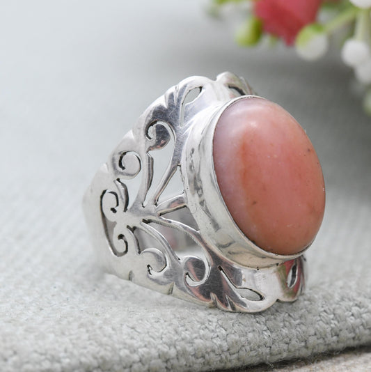 Vintage Sterling Silver Pink Cabochon Gemstone Ring - Chunky Scrolling Openwork | UK Size - T 1/2 | US Size - 9 3/4