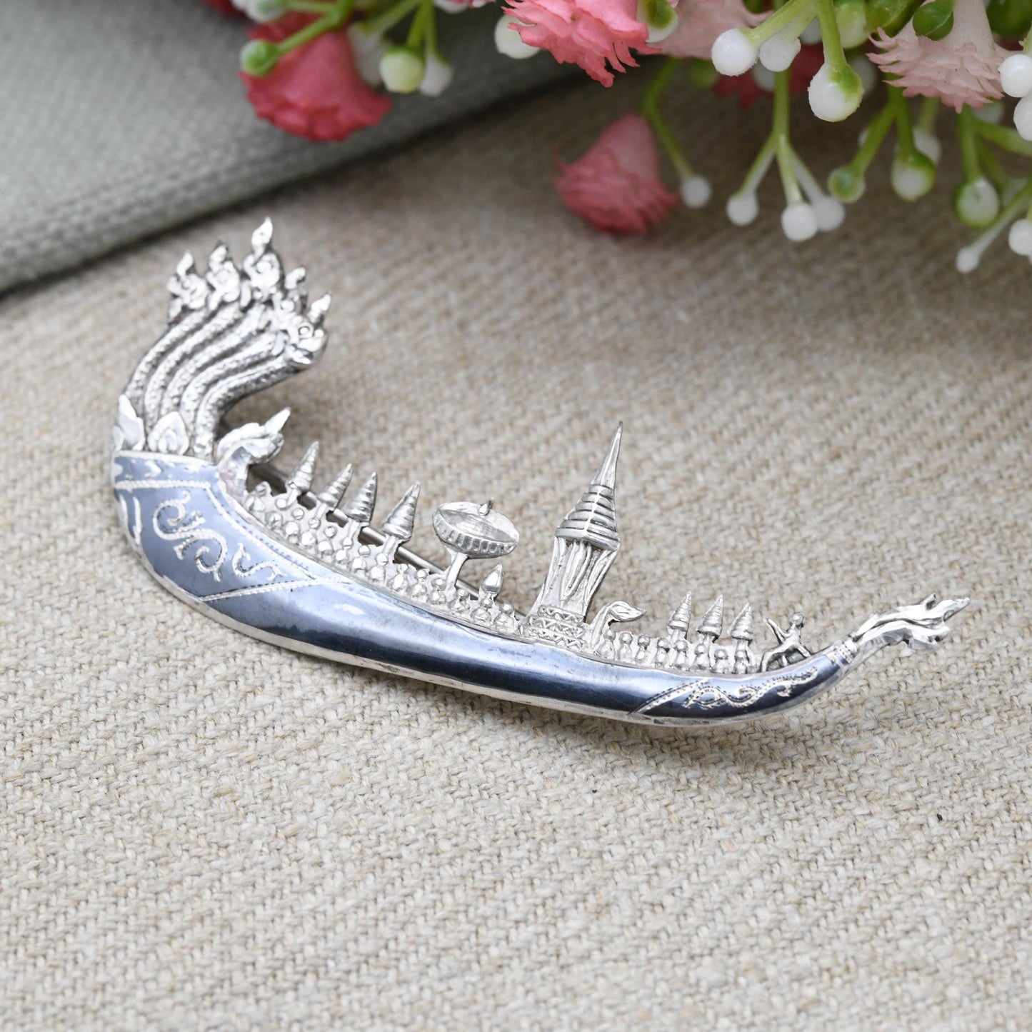 Vintage Sterling Silver Siam Longship Brooch Dragon Figurehead Boat - Traditional Black Niello | Vintage Thailand Silver Figural Brooch