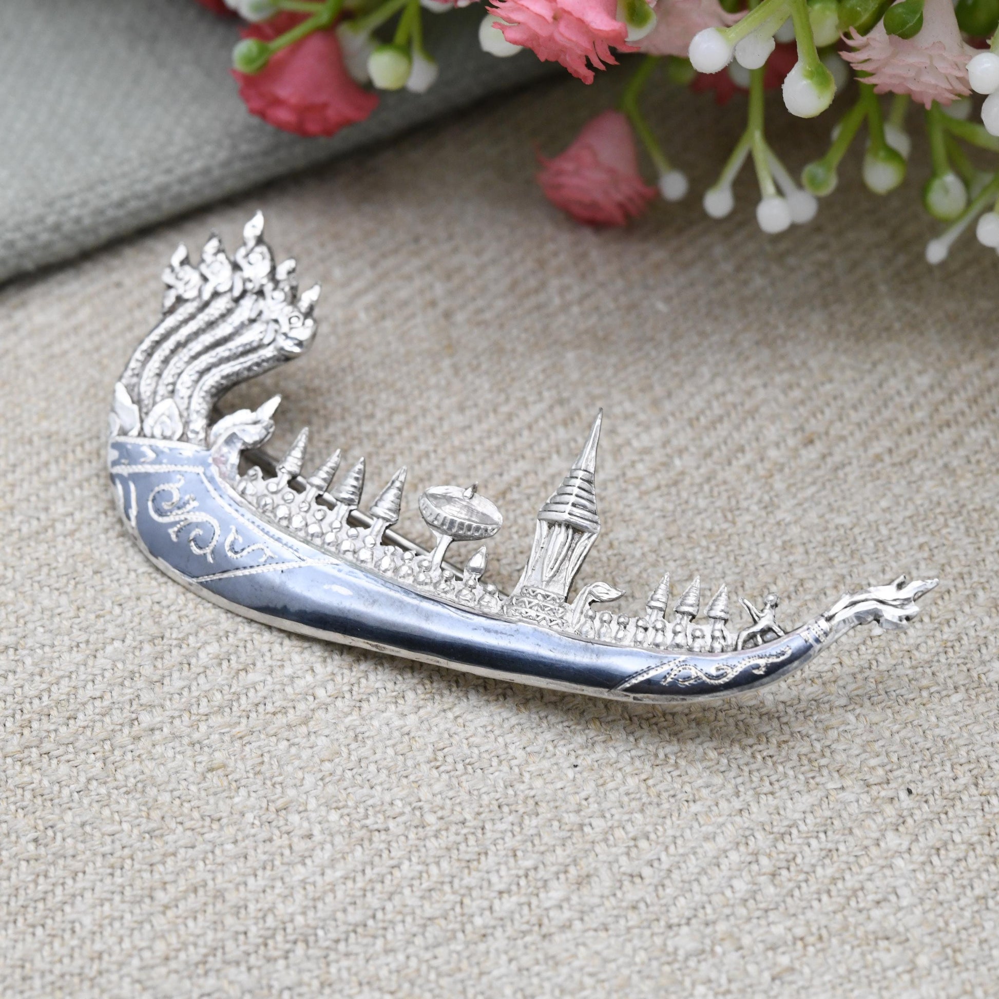 Vintage Sterling Silver Siam Longship Brooch Dragon Figurehead Boat - Traditional Black Niello | Vintage Thailand Silver Figural Brooch