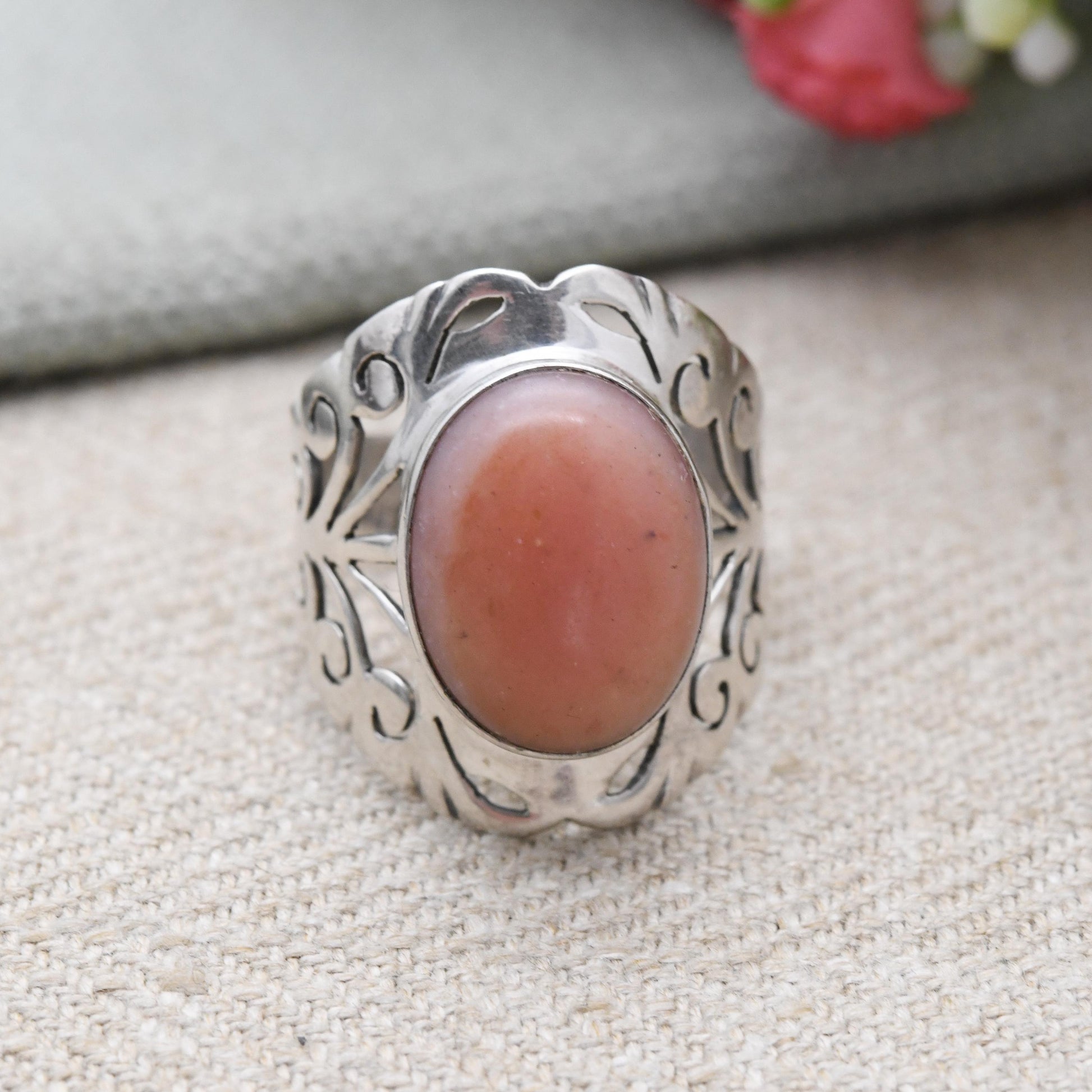 Vintage Sterling Silver Pink Cabochon Gemstone Ring - Chunky Scrolling Openwork | UK Size - T 1/2 | US Size - 9 3/4