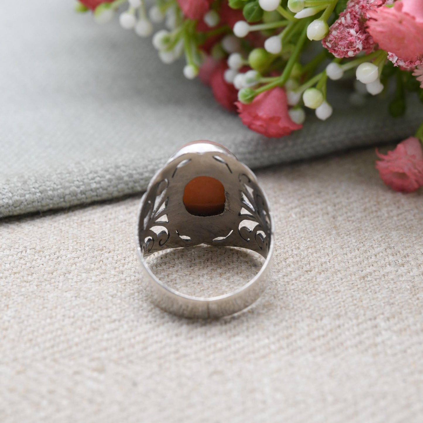 Vintage Sterling Silver Pink Cabochon Gemstone Ring - Chunky Scrolling Openwork | UK Size - T 1/2 | US Size - 9 3/4