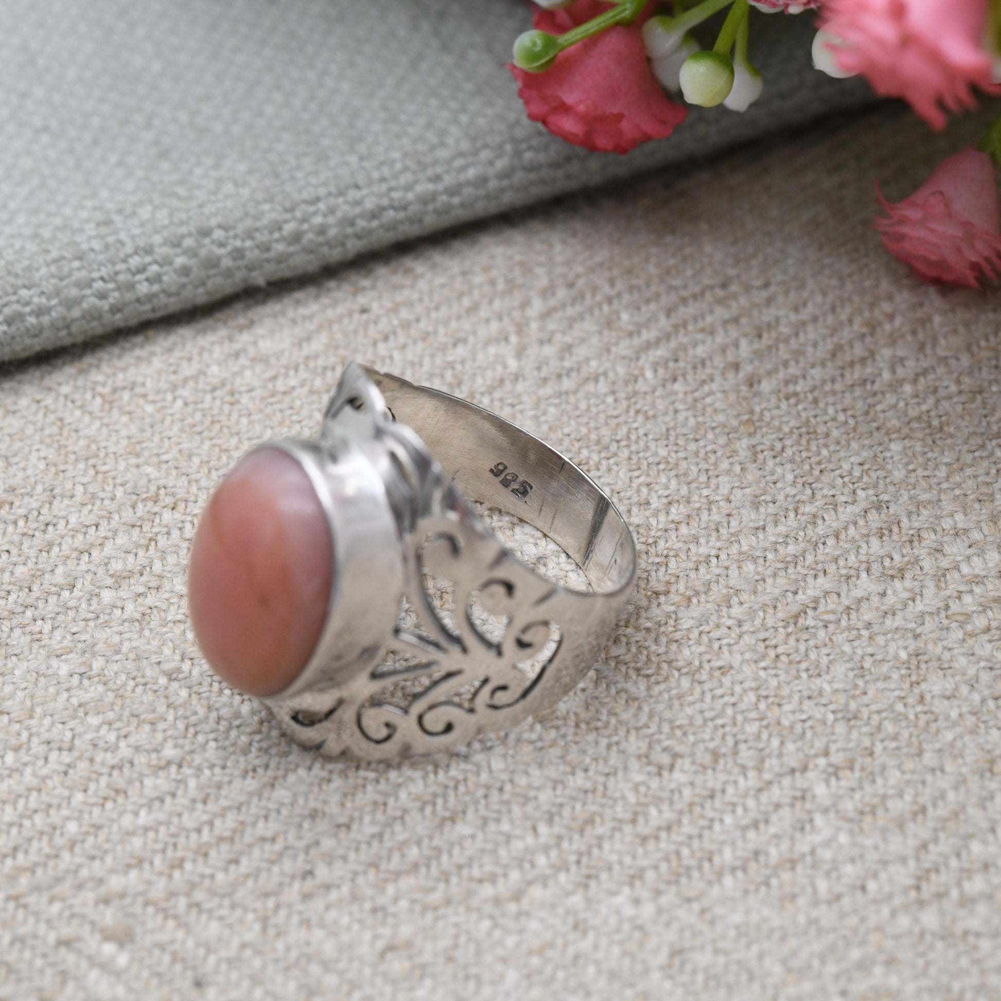 Vintage Sterling Silver Pink Cabochon Gemstone Ring - Chunky Scrolling Openwork | UK Size - T 1/2 | US Size - 9 3/4