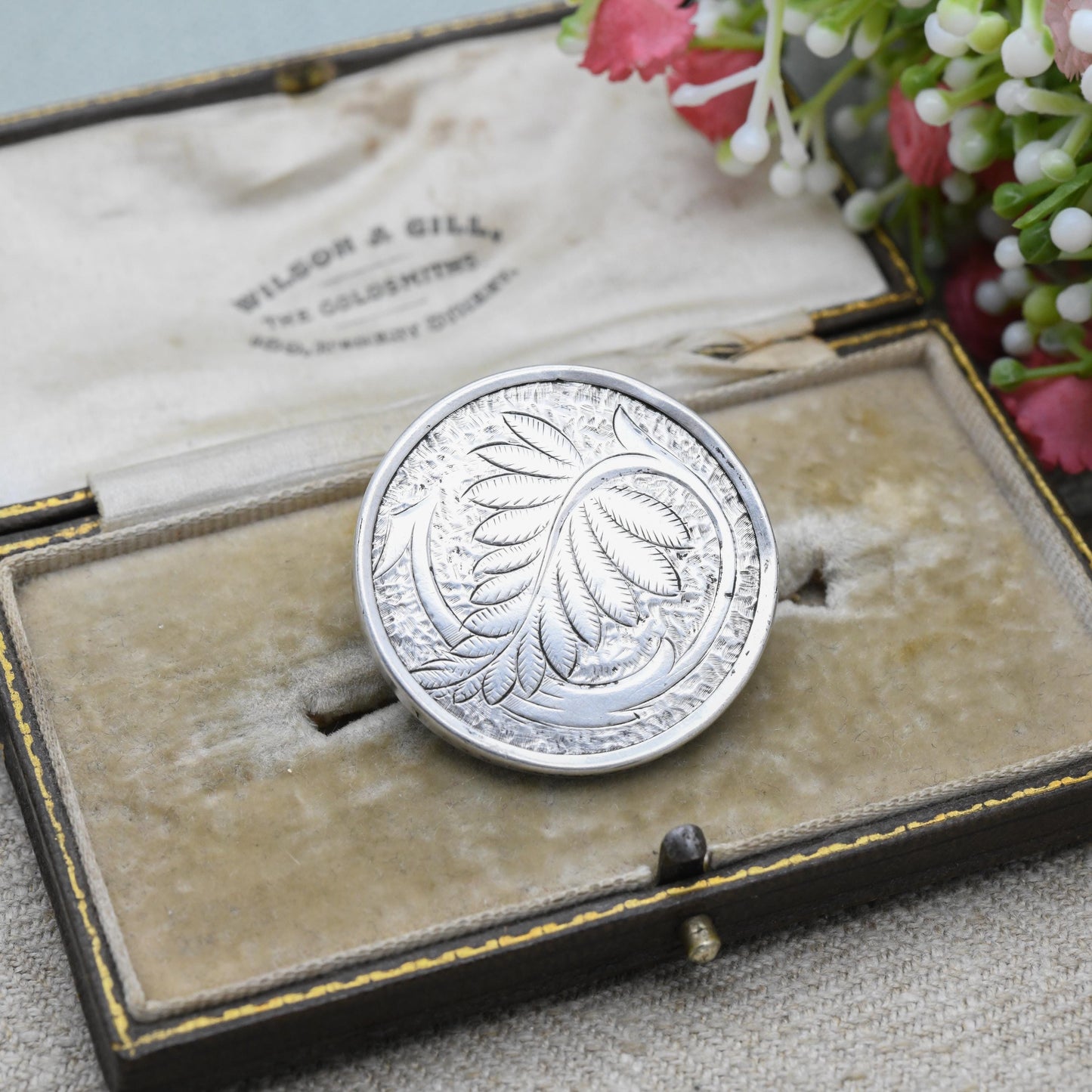 Antique Victorian Sterling Silver Aesthetic Movement Leaf Brooch c. 1890s - Engraved Floral Design Nature Brooch | Real Silver Rising Sun