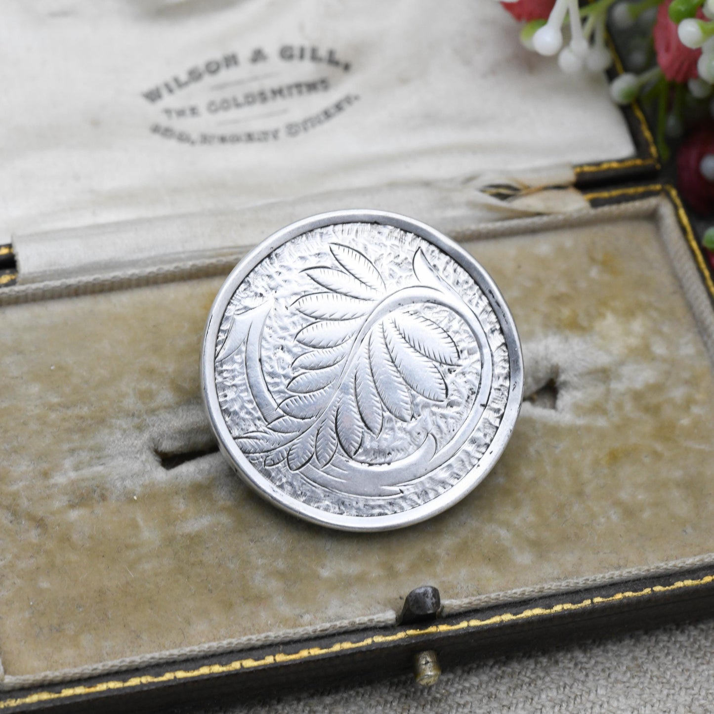 Antique Victorian Sterling Silver Aesthetic Movement Leaf Brooch c. 1890s - Engraved Floral Design Nature Brooch | Real Silver Rising Sun