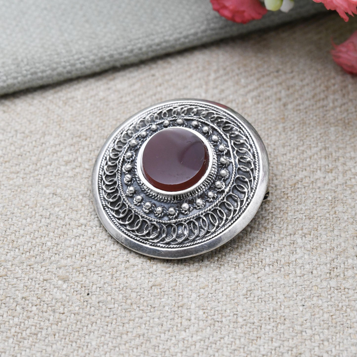 Vintage European Sterling Silver Intricate Circular Bar Brooch with Carnelian - Red Gemstone | Gift for Her