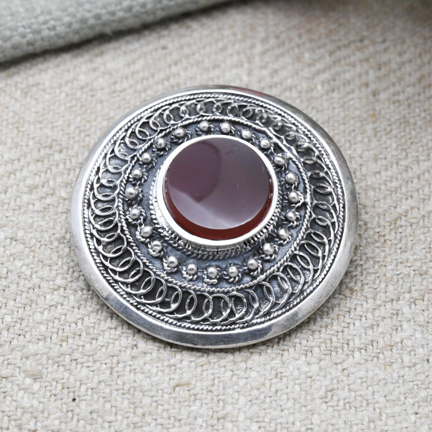 Vintage European Sterling Silver Intricate Circular Bar Brooch with Carnelian - Red Gemstone | Gift for Her