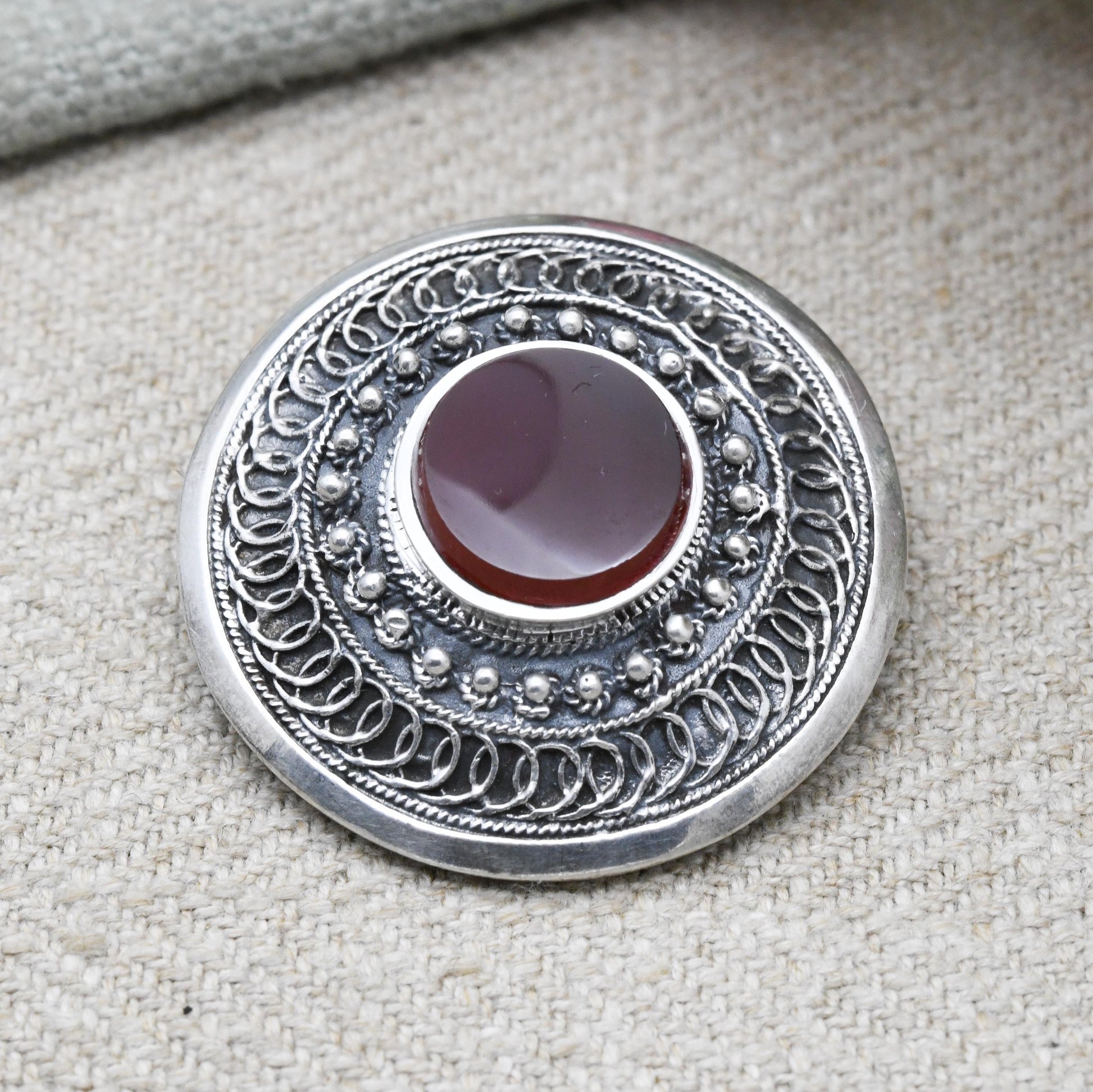 Vintage European Sterling Silver Intricate Circular Bar Brooch with Carnelian - Red Gemstone | Gift for Her