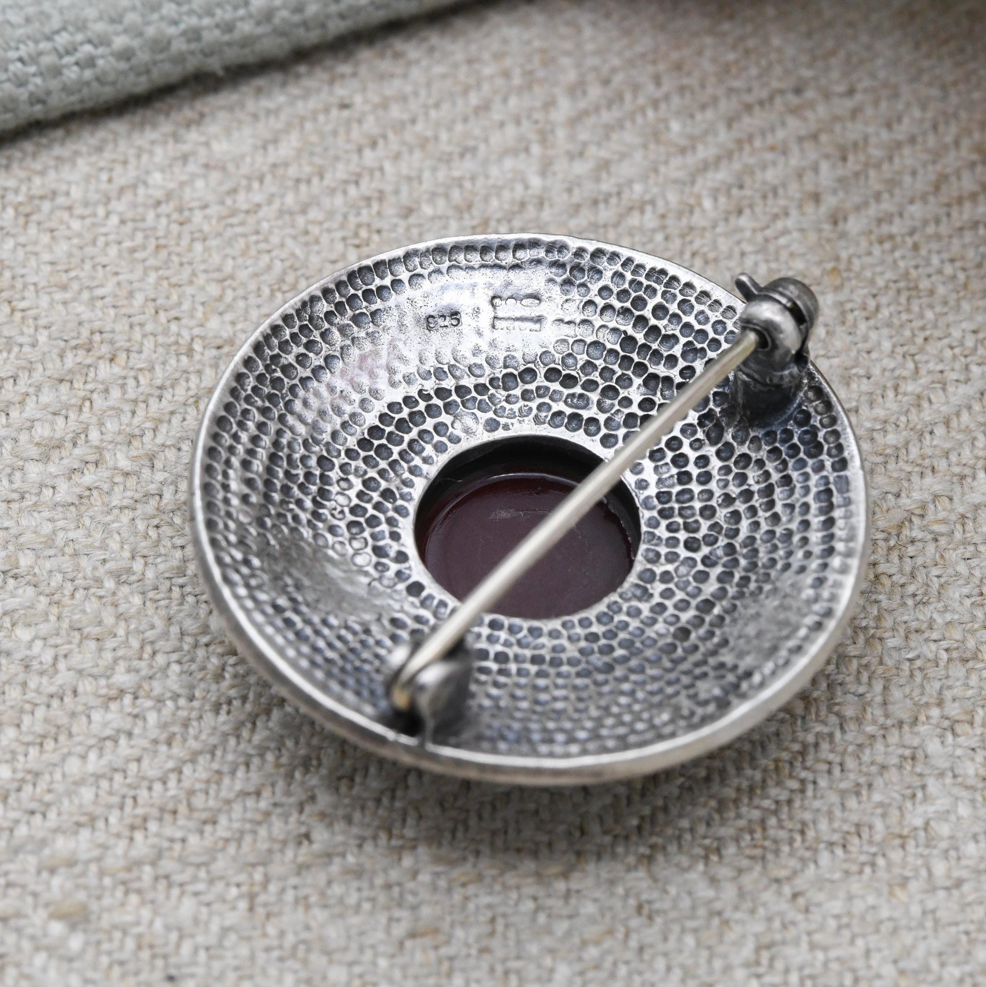 Vintage European Sterling Silver Intricate Circular Bar Brooch with Carnelian - Red Gemstone | Gift for Her