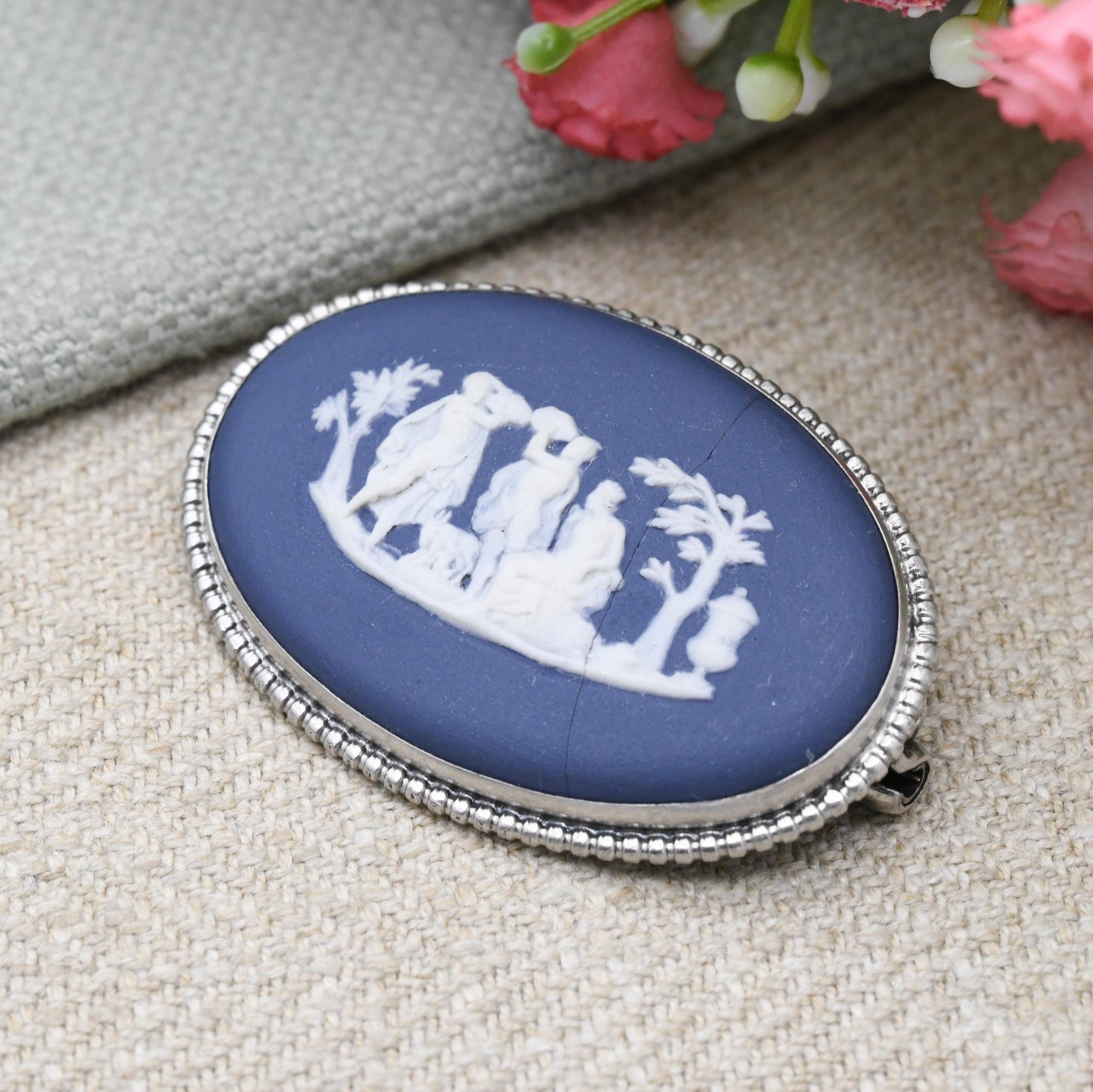 Vintage Wedgwood Sterling Silver Classical Scene Cameo Brooch 1975 - Portland Blue Jasperware | Gift for Her