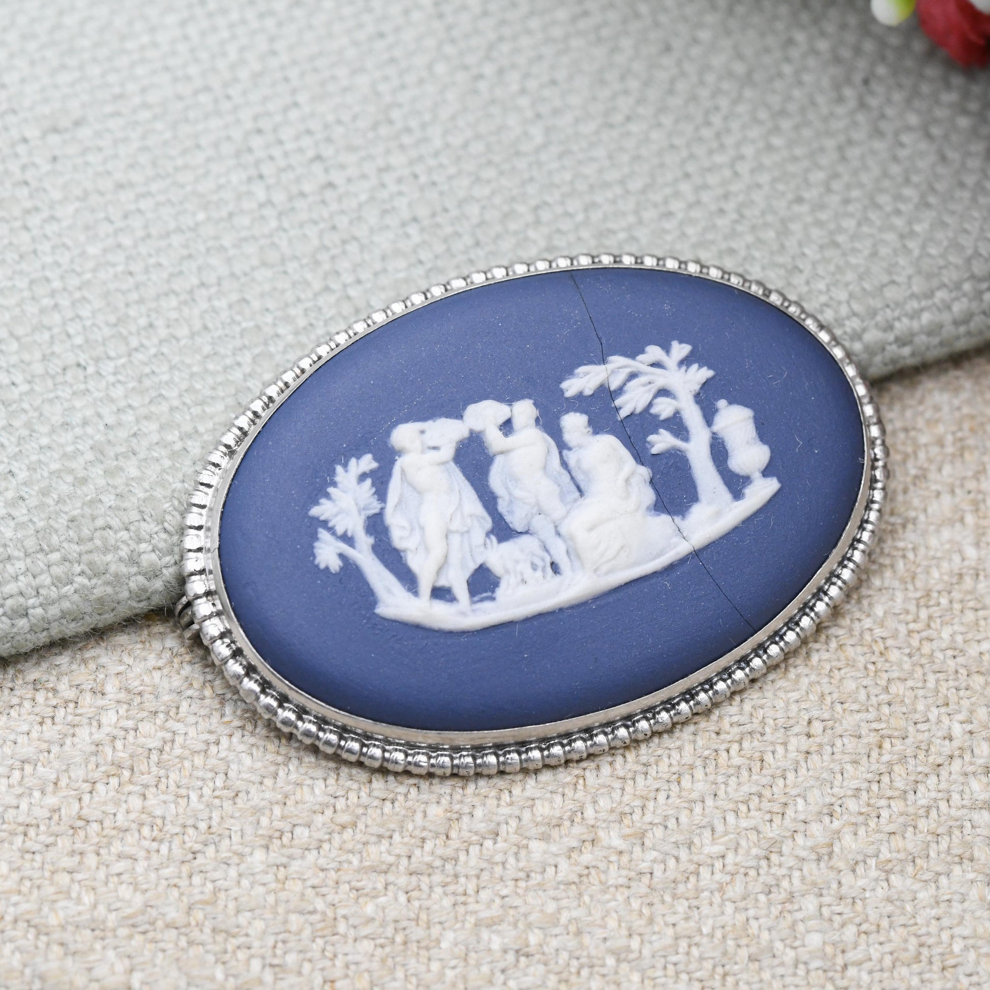 Vintage Wedgwood Sterling Silver Classical Scene Cameo Brooch 1975 - Portland Blue Jasperware | Gift for Her