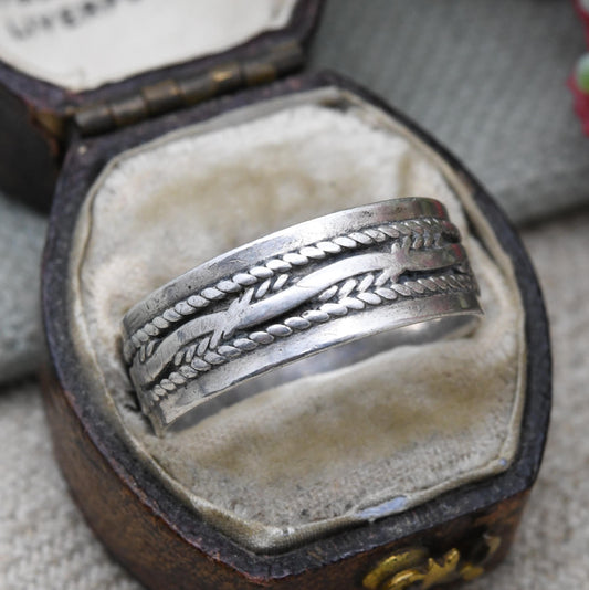 Vintage Sterling Silver Band Ring - Unisex Textured Silver Wide Band | UK Size - T | US Size - 10