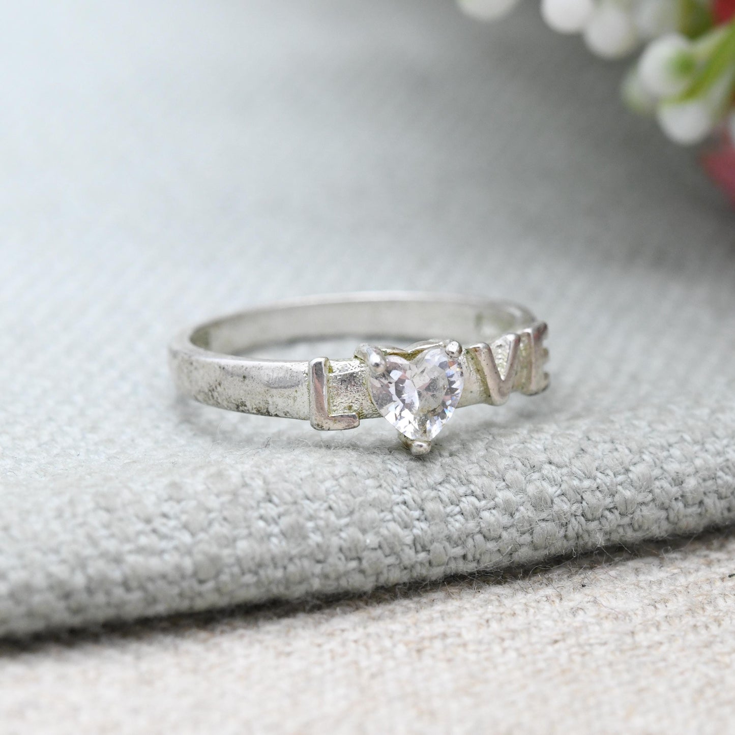 Vintage Sterling Silver and CZ Love Ring - Clear Stone Love Heart and Love Message | Sweet Gift for Her | UK Size - P 1/2 | US Size - 8
