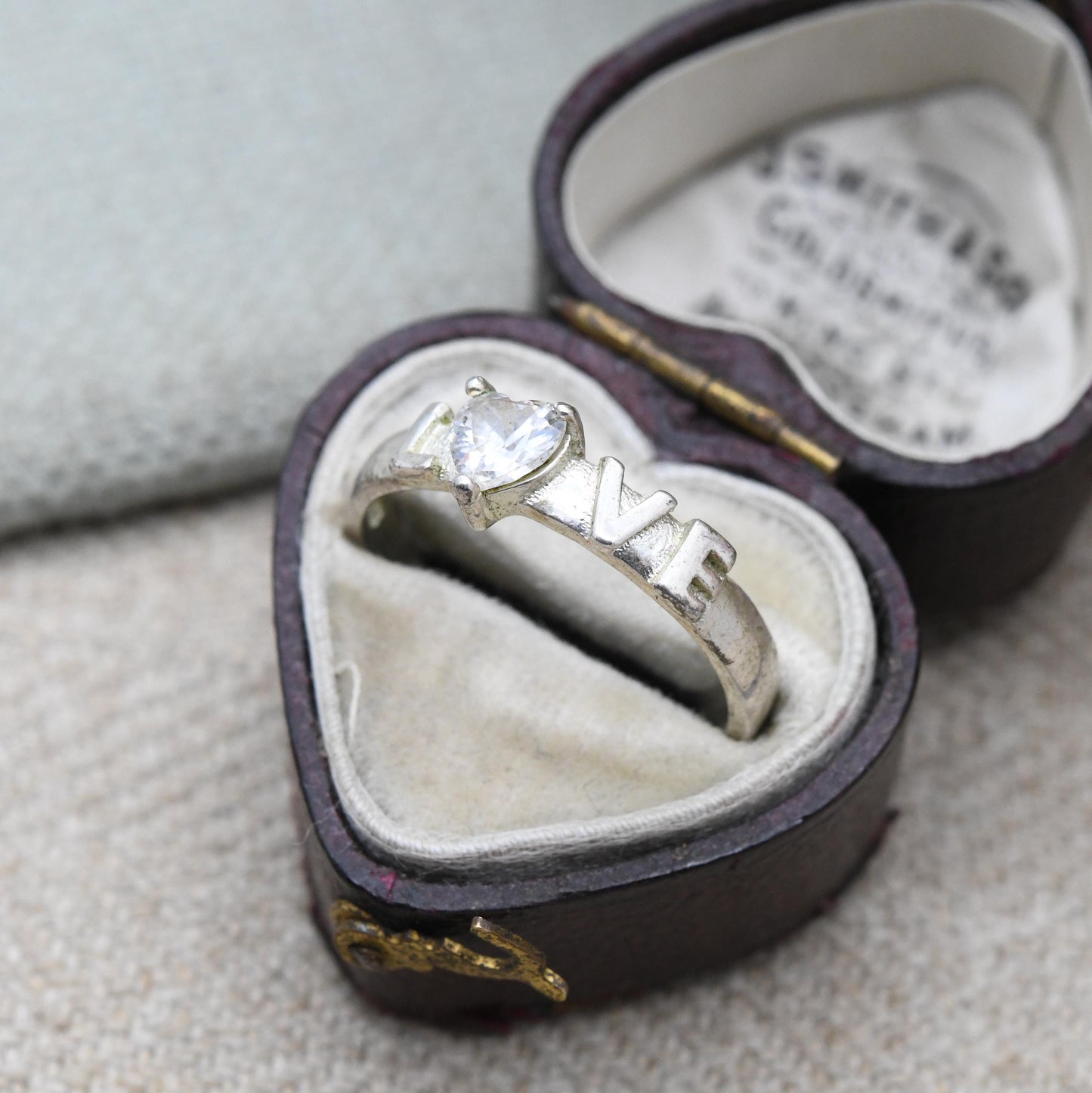 Vintage Sterling Silver and CZ Love Ring - Clear Stone Love Heart and Love Message | Sweet Gift for Her | UK Size - P 1/2 | US Size - 8