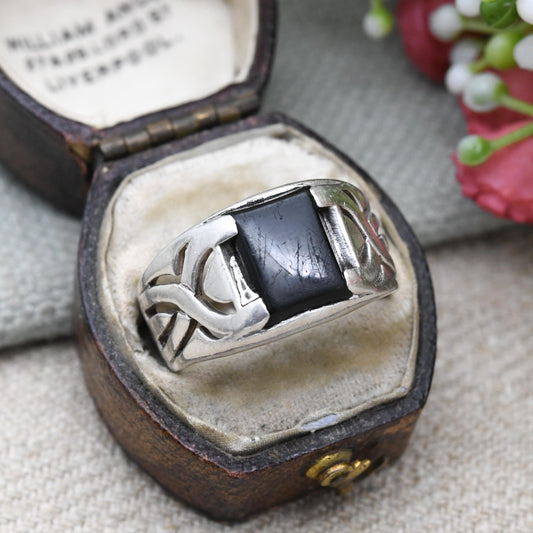 Vintage Sterling Silver Onyx Signet Ring - Unisex Square Black Stone Ring | UK Size - Q 1/2 | US Size - 8 1/2