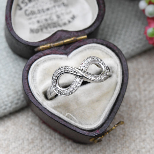 Vintage Sterling Silver Clear Stone Infinity Ring - Openwork Knot Minimalist Ring | Gift for Her | UK Size - M 1/2 | US Size - 6 1/4