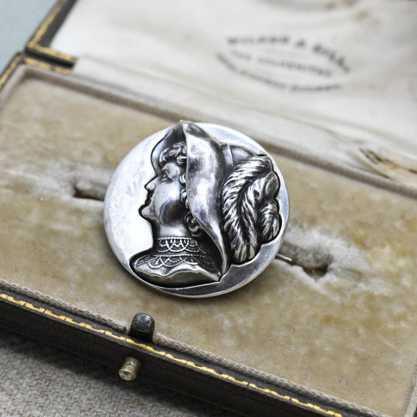 Antique Edwardian Woman Brooch 1908 by Arthur Johnson Smith - Repoussé Silver | Raised Relief Detailed Profile Face in Antique Hat