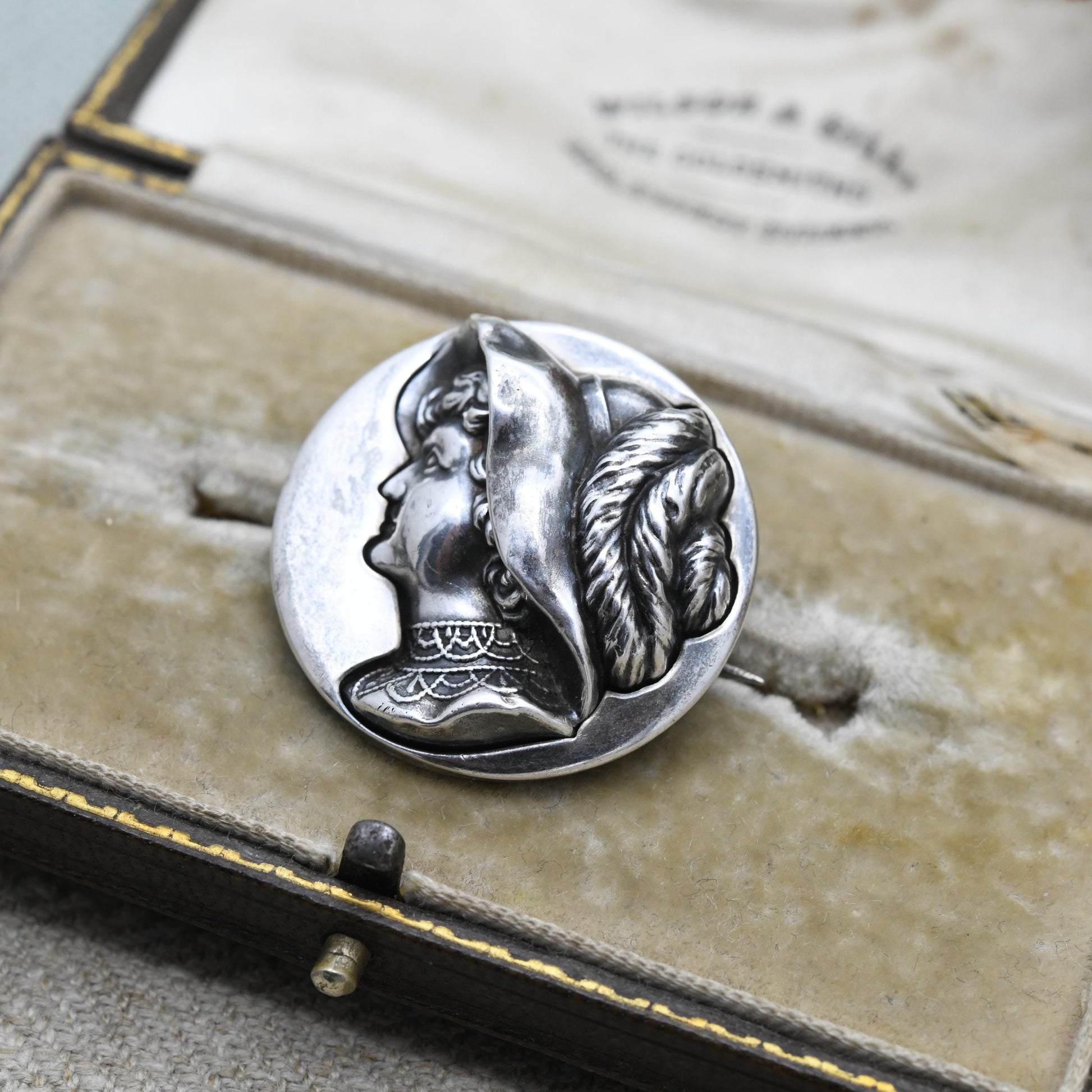 Antique Edwardian Woman Brooch 1908 by Arthur Johnson Smith - Repoussé Silver | Raised Relief Detailed Profile Face in Antique Hat