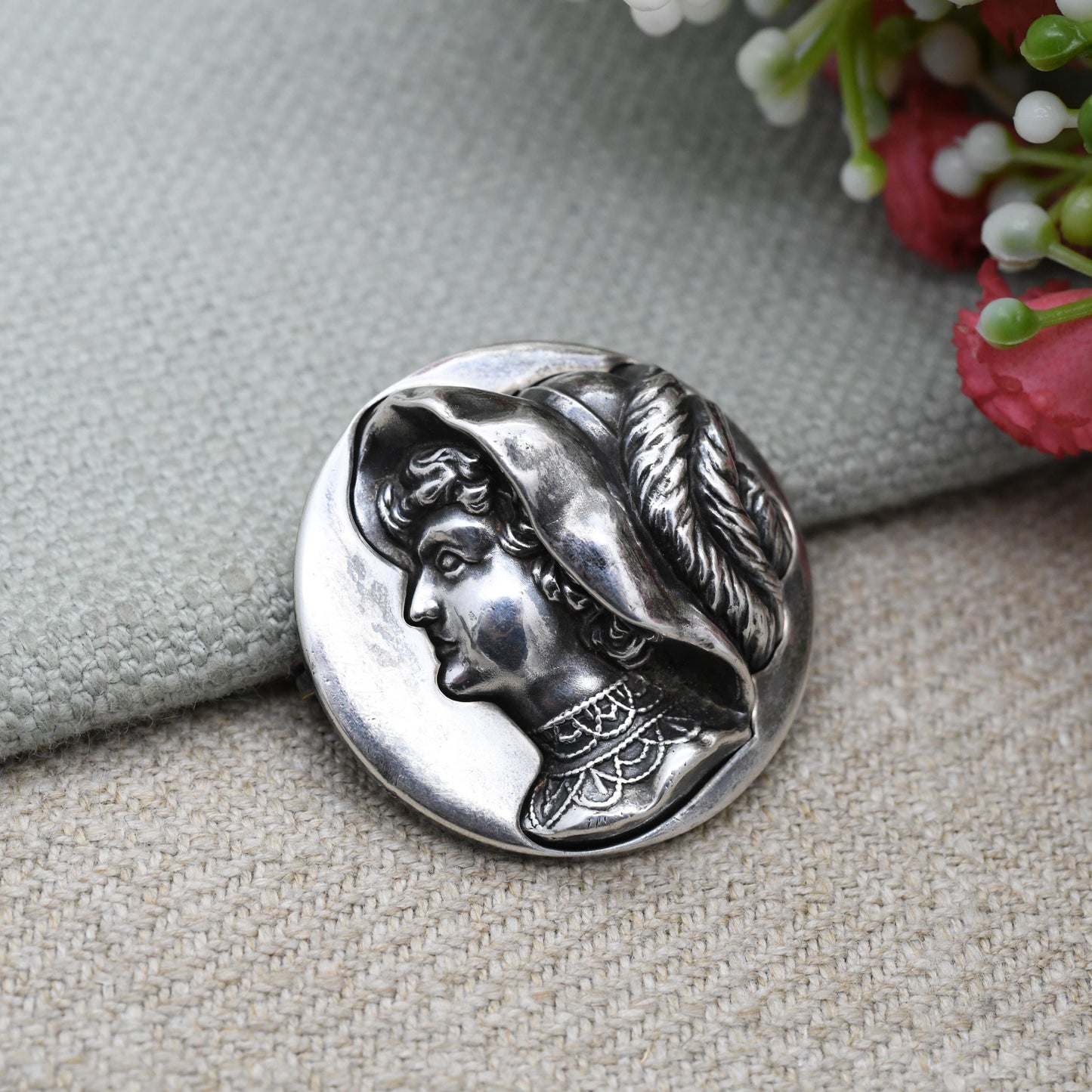 Antique Edwardian Woman Brooch 1908 by Arthur Johnson Smith - Repoussé Silver | Raised Relief Detailed Profile Face in Antique Hat
