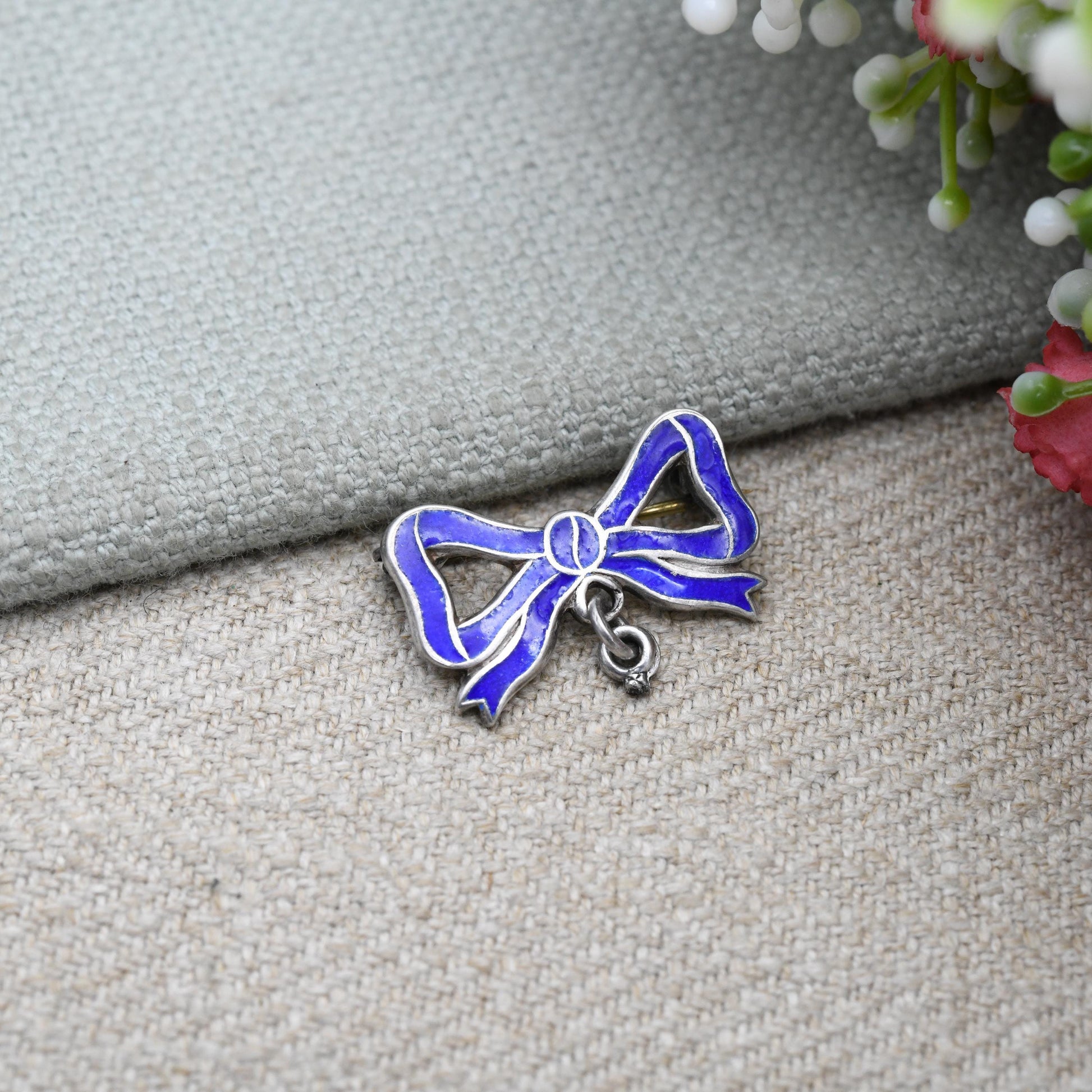 Antique Edwardian Sterling Silver Bow Brooch with Pendant Drop - Blue Enamel Design | Collectible Bow Jewellery