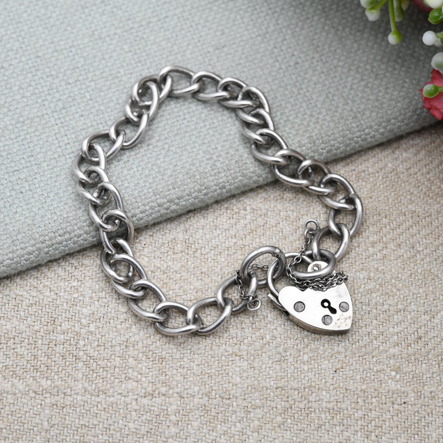 Vintage Sterling Silver Heart Padlock Clasp Chain Bracelet 1983 - Cute Curb Links with Safety Chain | Charm Bracelet | Gift for Her