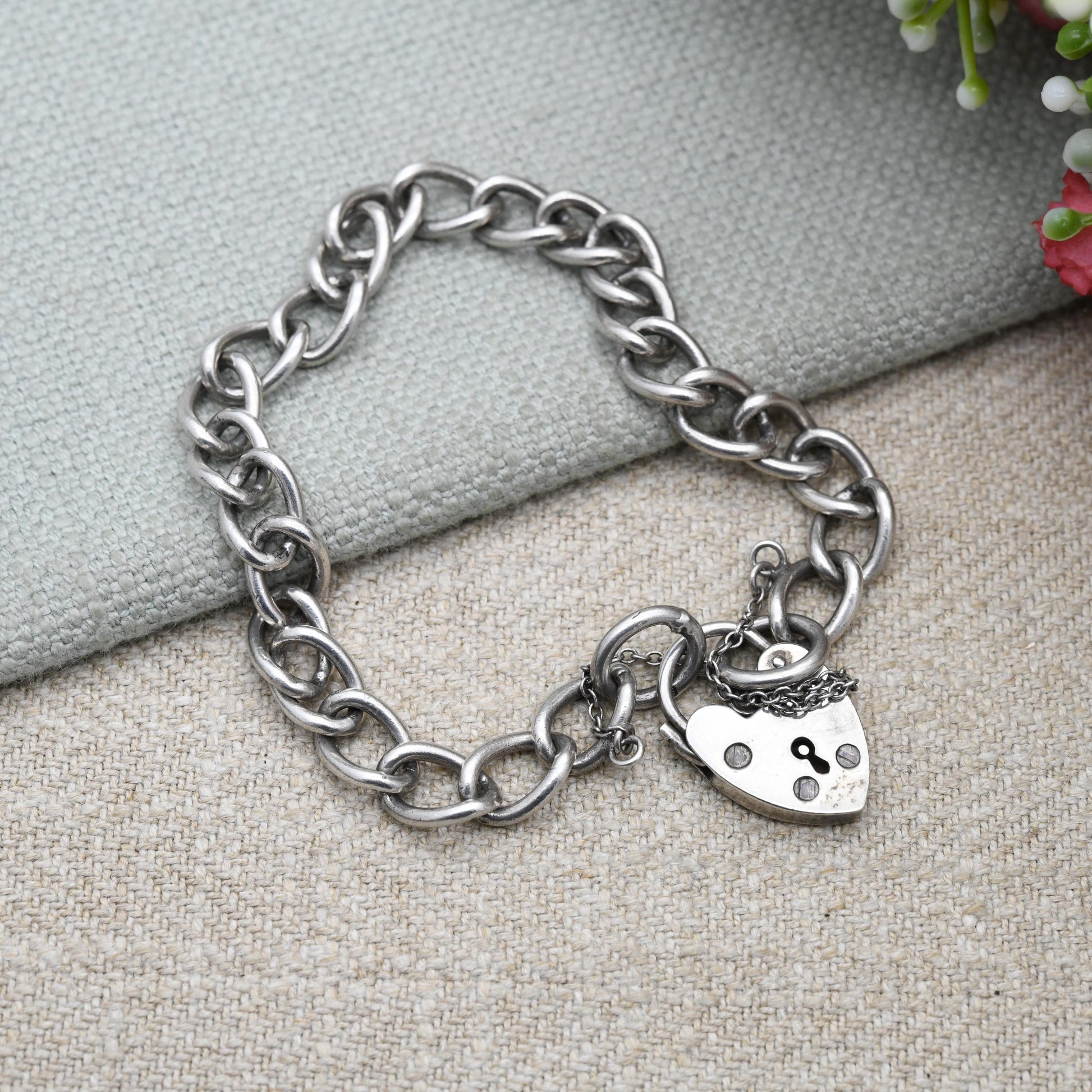 Vintage Sterling Silver Heart Padlock Clasp Chain Bracelet 1983 - Cute Curb Links with Safety Chain | Charm Bracelet | Gift for Her