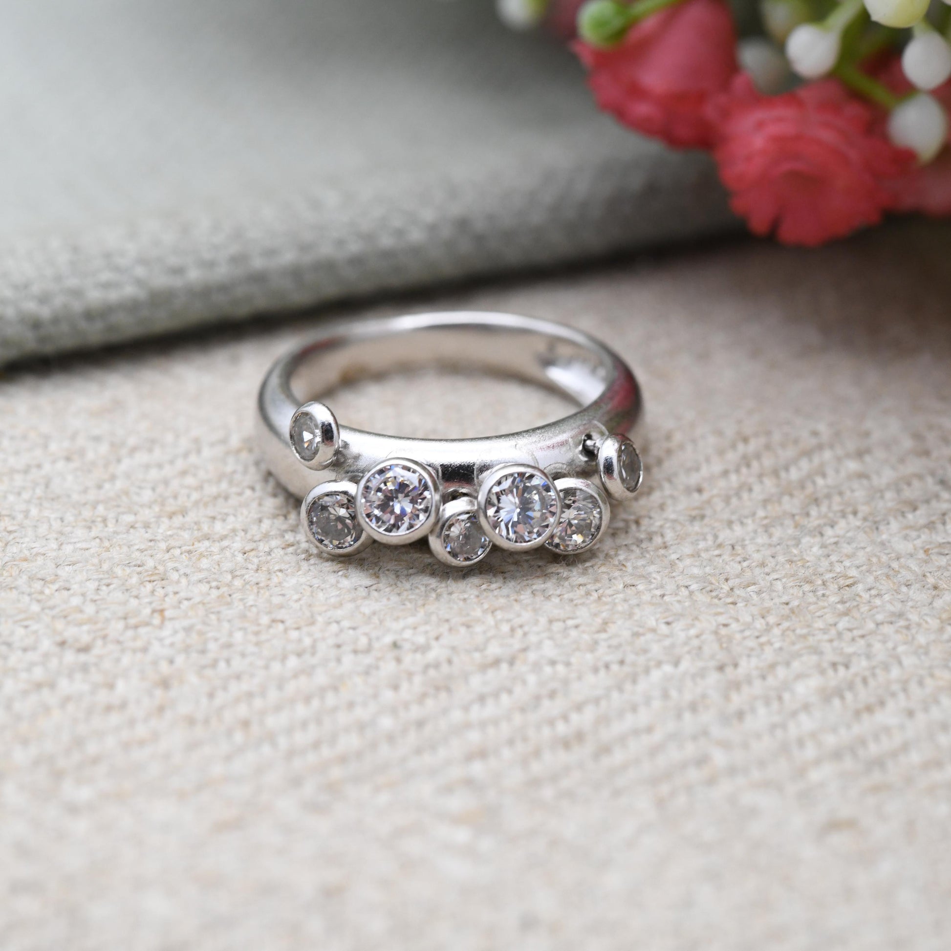 Vintage Sterling Silver CZ Moving Gemstone Band Ring - Large White Articulated Stones | Gift for Her | UK Size - M | US Size - 6 1/4