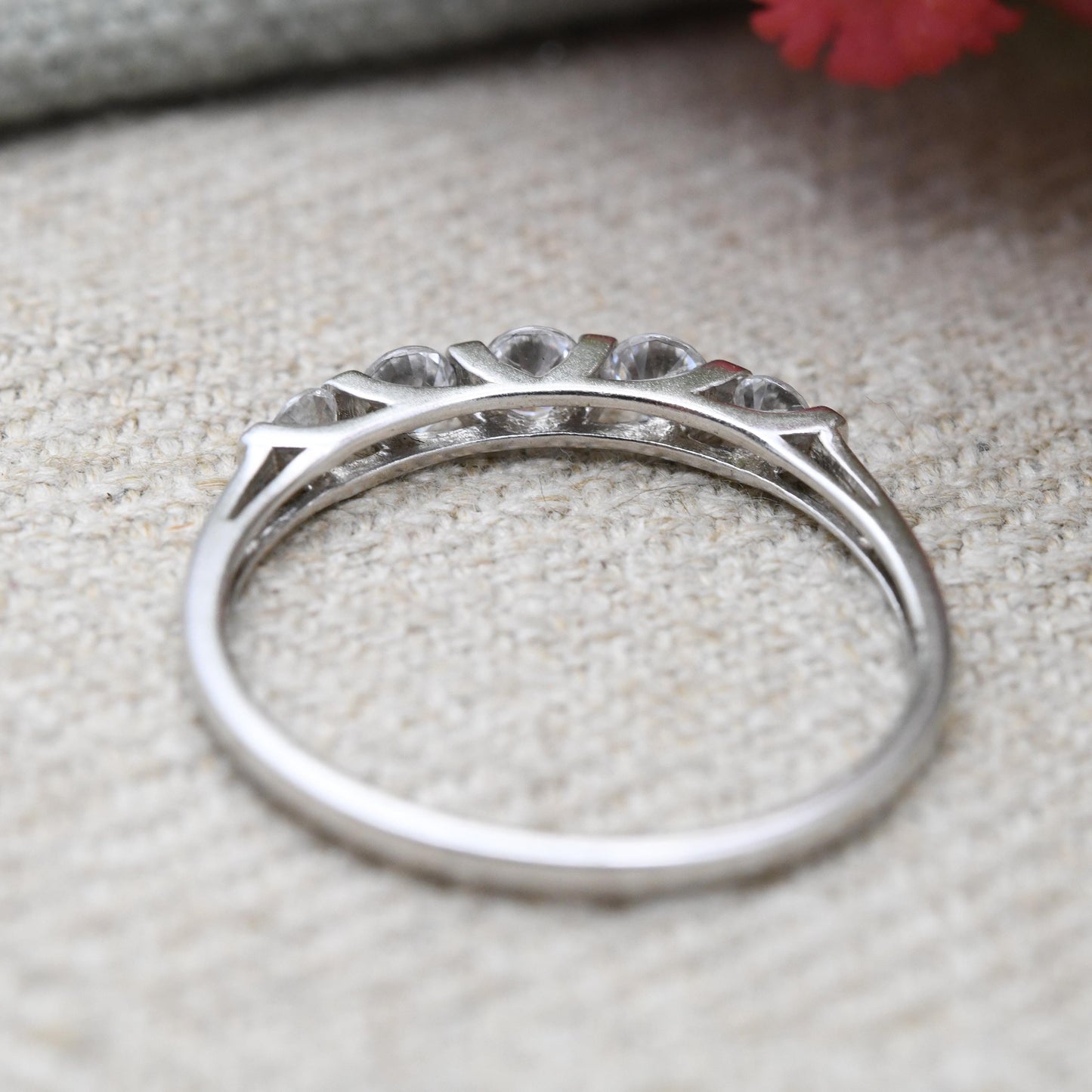 Sterling Silver Cubic Zirconia Five Stone Ring - Small White Stones CZ Ring | Y2K Placeholder Ring | UK Size - V 1/2 | US Size - 10 3/4