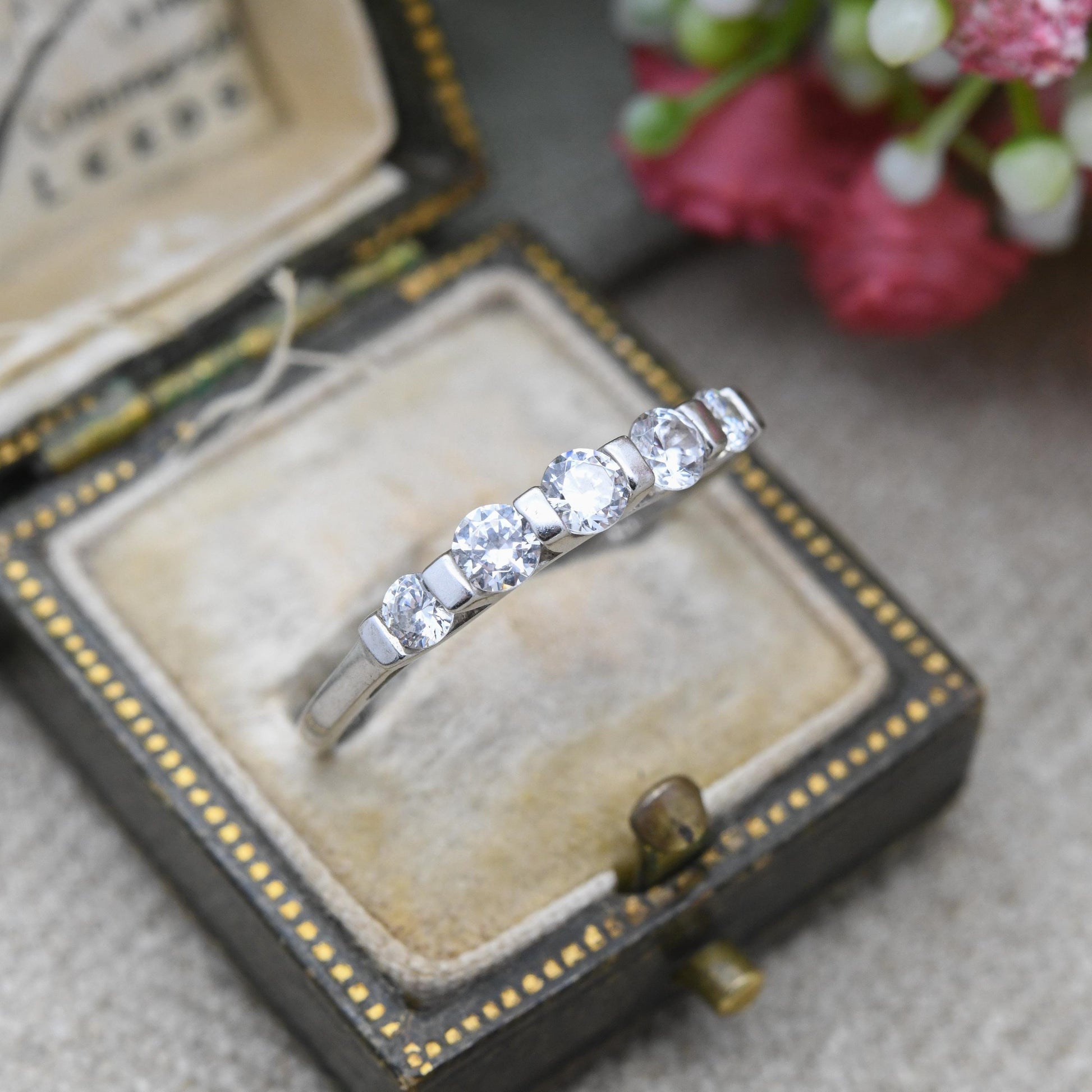 Sterling Silver Cubic Zirconia Five Stone Ring - Small White Stones CZ Ring | Y2K Placeholder Ring | UK Size - V 1/2 | US Size - 10 3/4