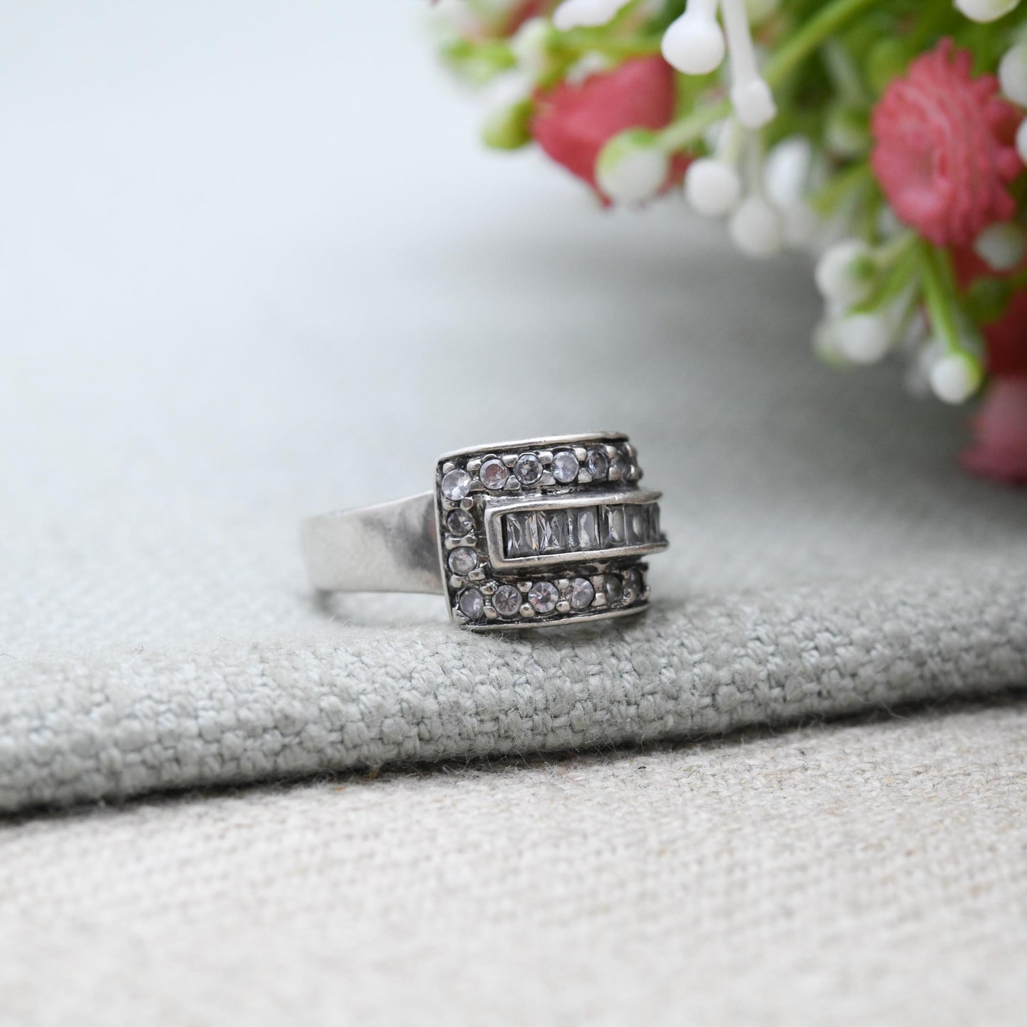 Vintage Sterling Silver Clear Stone Ribbon Ring - Channel Pavé Set Tank Ring | UK Size - J 1/2 | US Size - 5