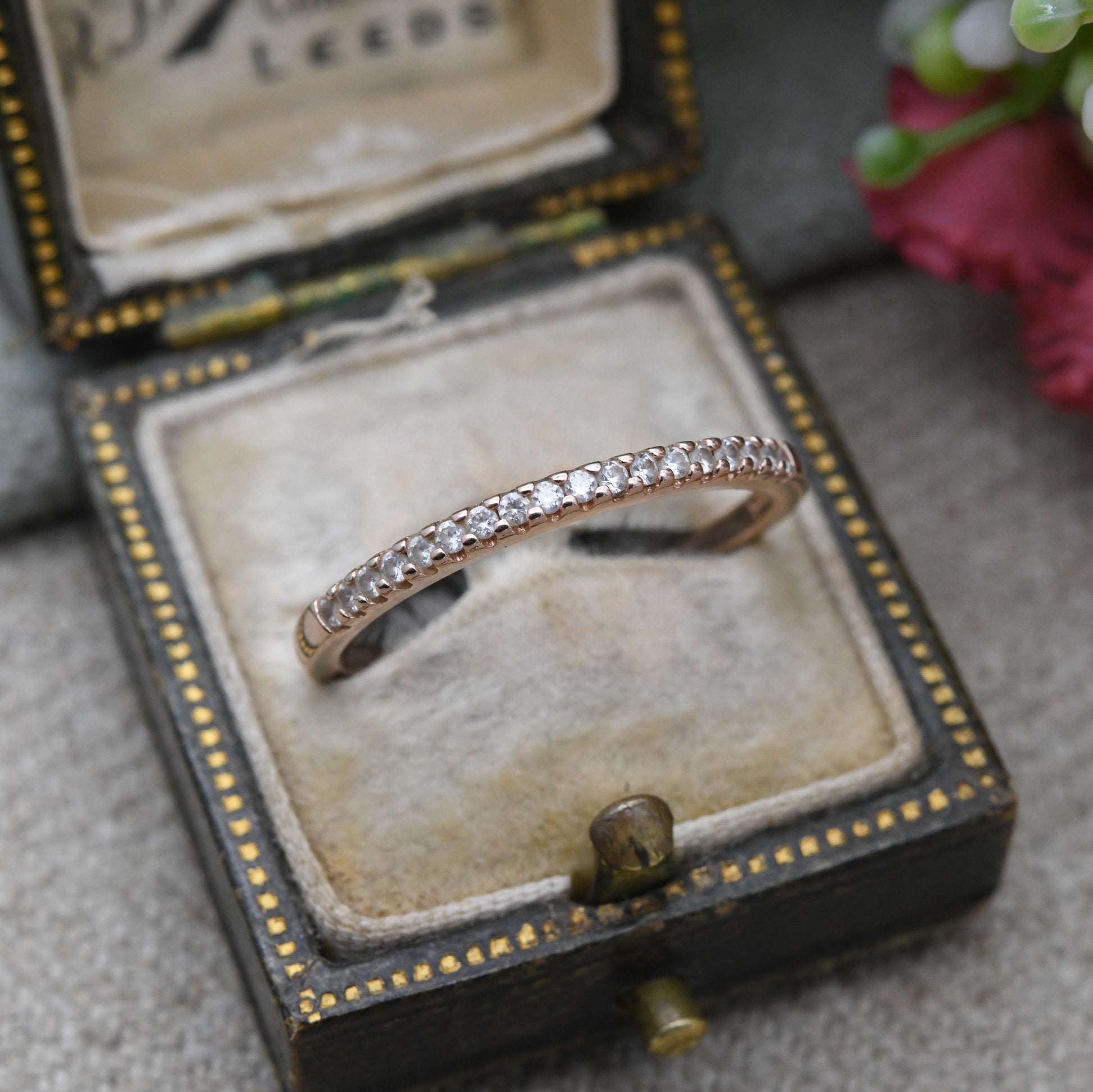 Vintage Sterling Silver Rose Gold Plated CZ Half Eternity Band Ring - Scallop Setting | UK Size - R 1/2 | US Size - 8 3/4
