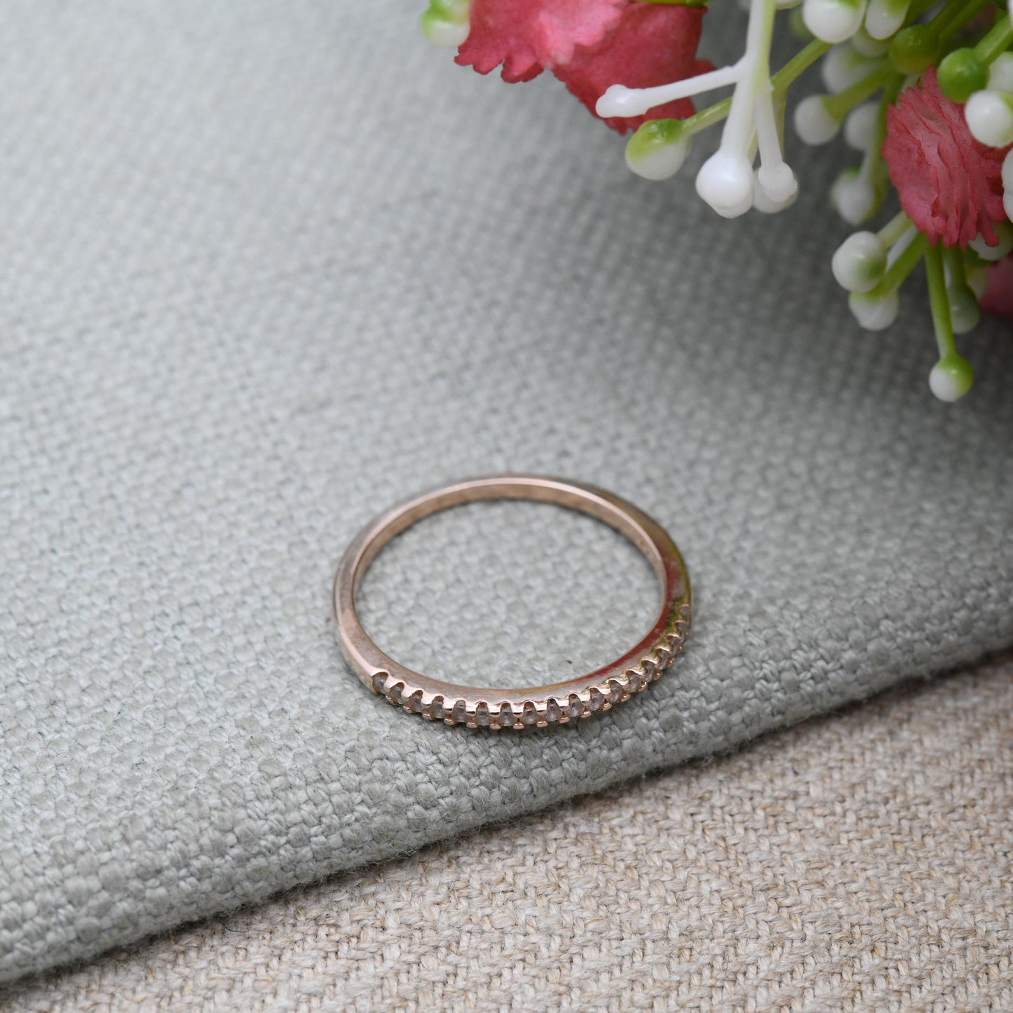 Vintage Sterling Silver Rose Gold Plated CZ Half Eternity Band Ring - Scallop Setting | UK Size - R 1/2 | US Size - 8 3/4