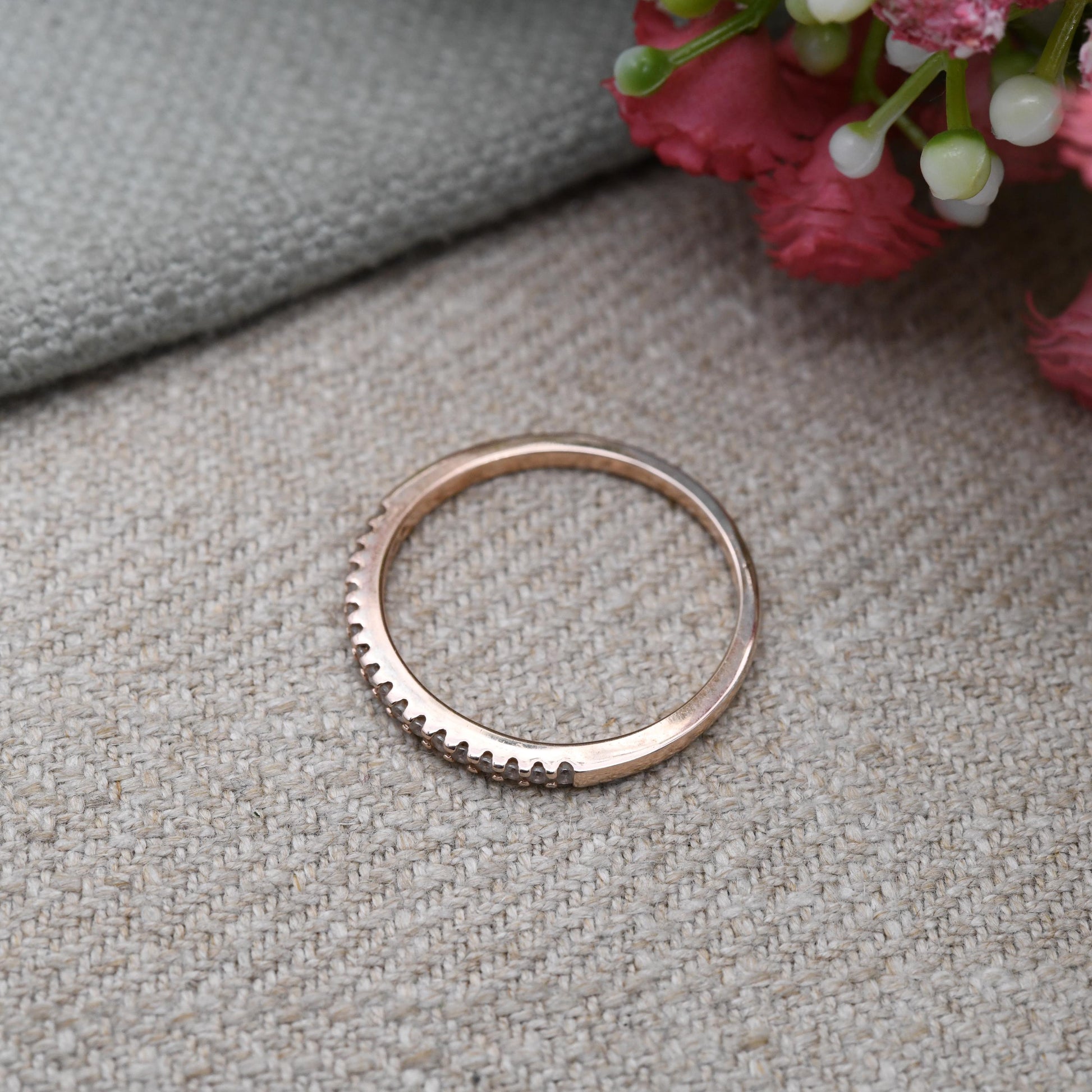 Vintage Sterling Silver Rose Gold Plated CZ Half Eternity Band Ring - Scallop Setting | UK Size - R 1/2 | US Size - 8 3/4
