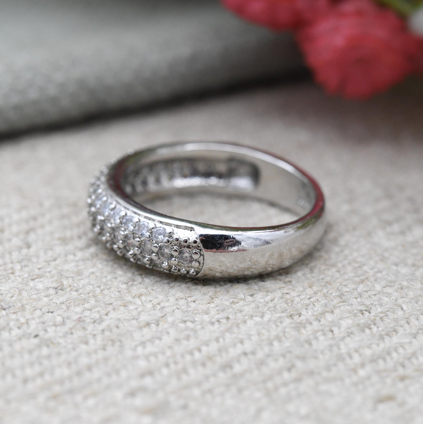 Vintage Sterling Silver Boule Ring - Clear Stone Half Hoop Ring | Gift for Her | UK Size - J | US Size - 4 3/4