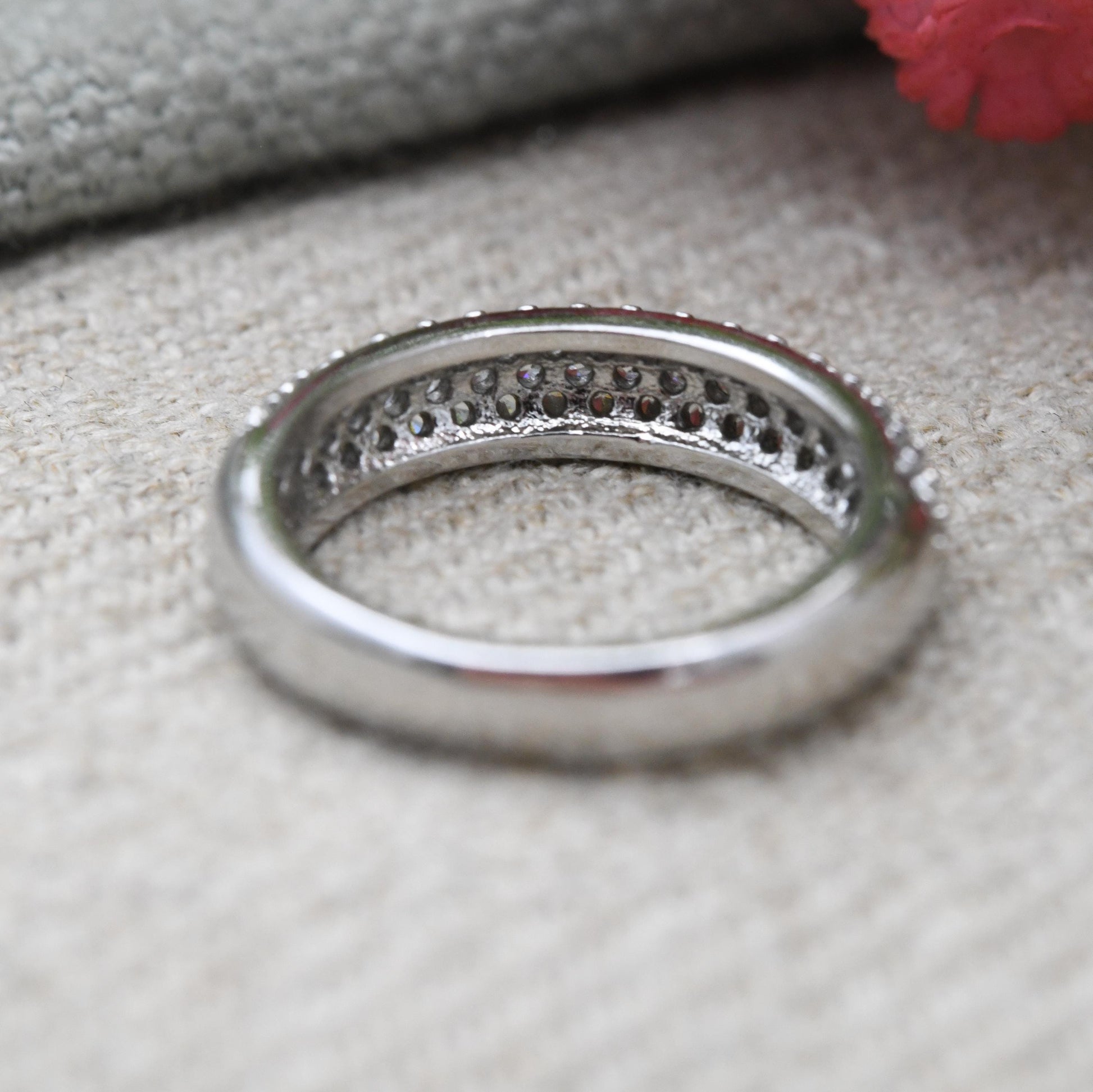 Vintage Sterling Silver Boule Ring - Clear Stone Half Hoop Ring | Gift for Her | UK Size - J | US Size - 4 3/4