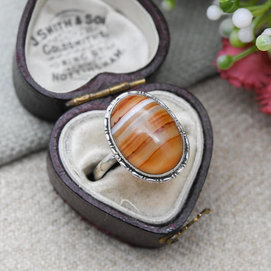 Vintage Silver Carnelian Ring - Cabochon Large Orange Gemstone | Pretty Gift for Her | UK Size - N | US Size - 6 3/4