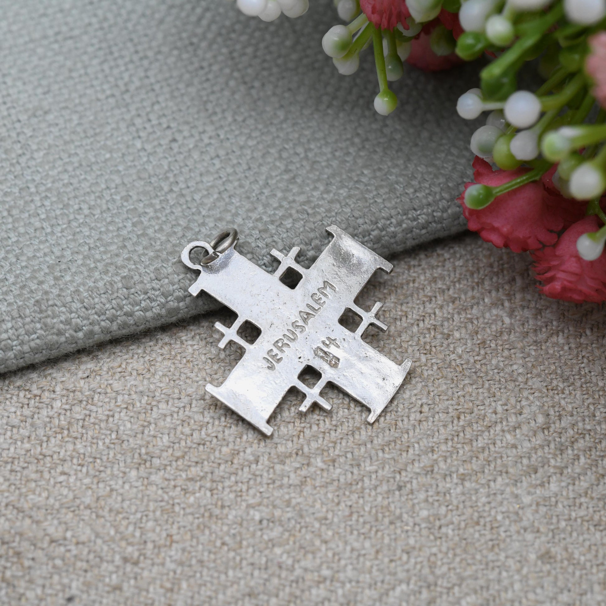 Vintage Sterling Silver Jerusalem Cross Pendant - Crusader Cross with Scrolling Design | Pretty Mid-Century Israel Jewellery
