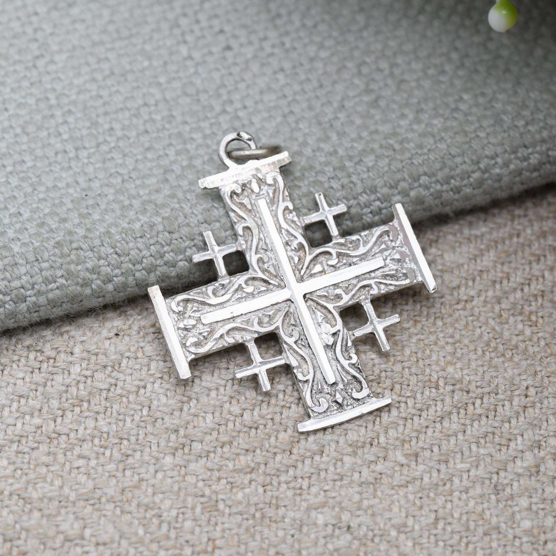 Vintage Sterling Silver Jerusalem Cross Pendant - Crusader Cross with Scrolling Design | Pretty Mid-Century Israel Jewellery
